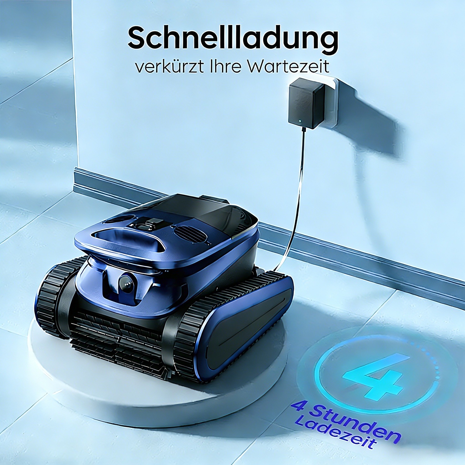 Ein blauer Roboterstaubsauger lädt an einer Wand. 4 Stunden Ladezeit.