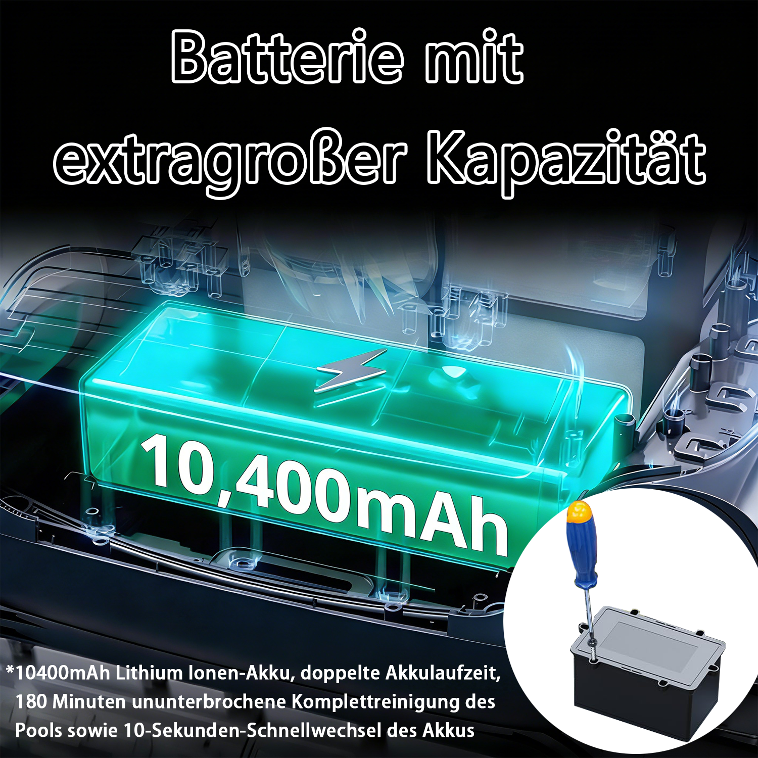 Eine leuchtend blaue 10.400mAh-Batterie mit einem Schraubendreher, der einen Teil repariert.