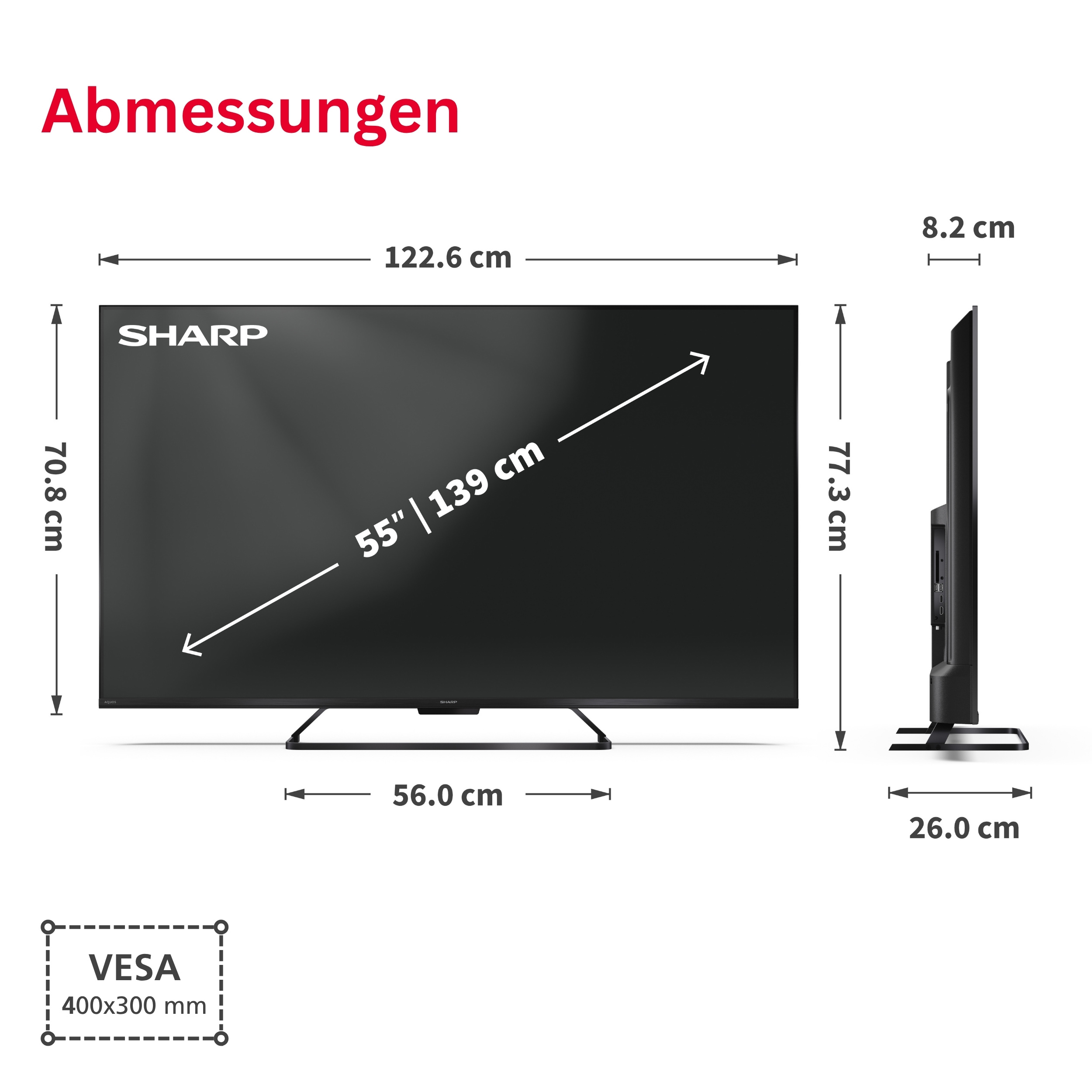 Abmessungen eines 55-Zoll-Fernsehers: Breite 122.6cm, Höhe 70.8cm, Tiefe 8.2cm.