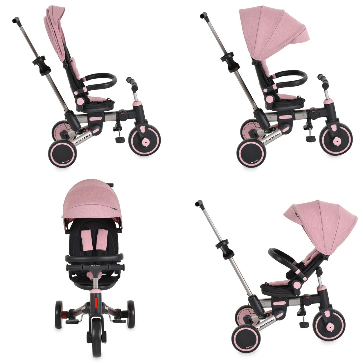 Ein rosafarbener Kinderdreirad-Kinderwagen mit Sonnendach und Schiebestange.