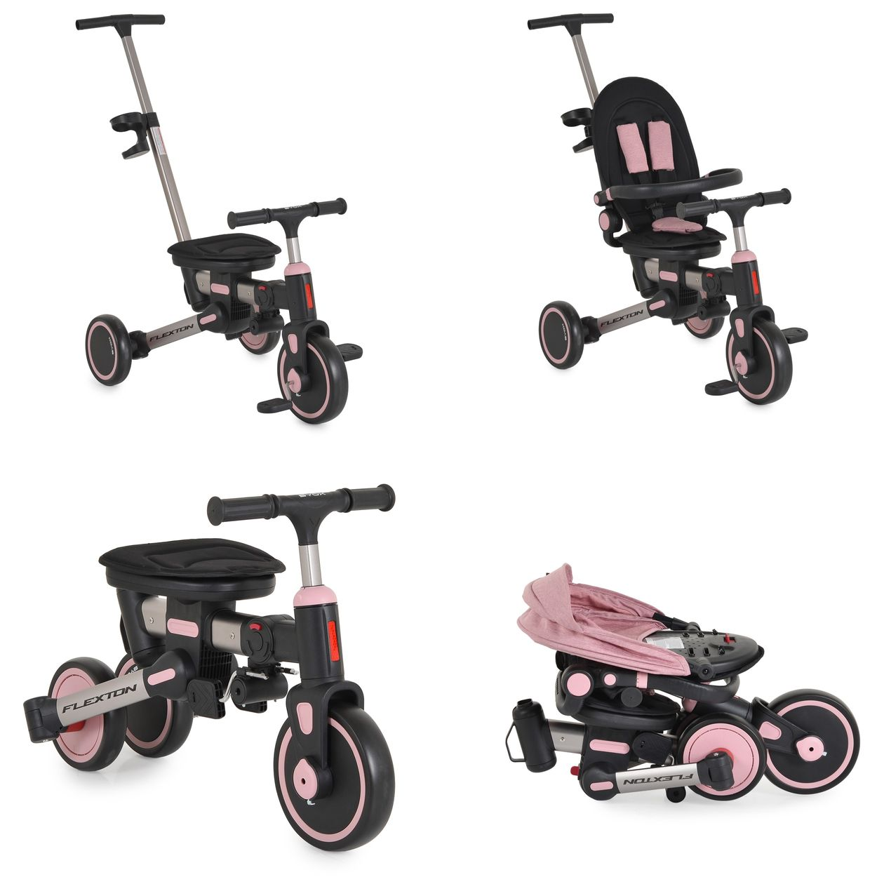Vier Ansichten eines rosa und schwarzen Dreirads, das sich in einen Kinderwagen verwandeln lässt.