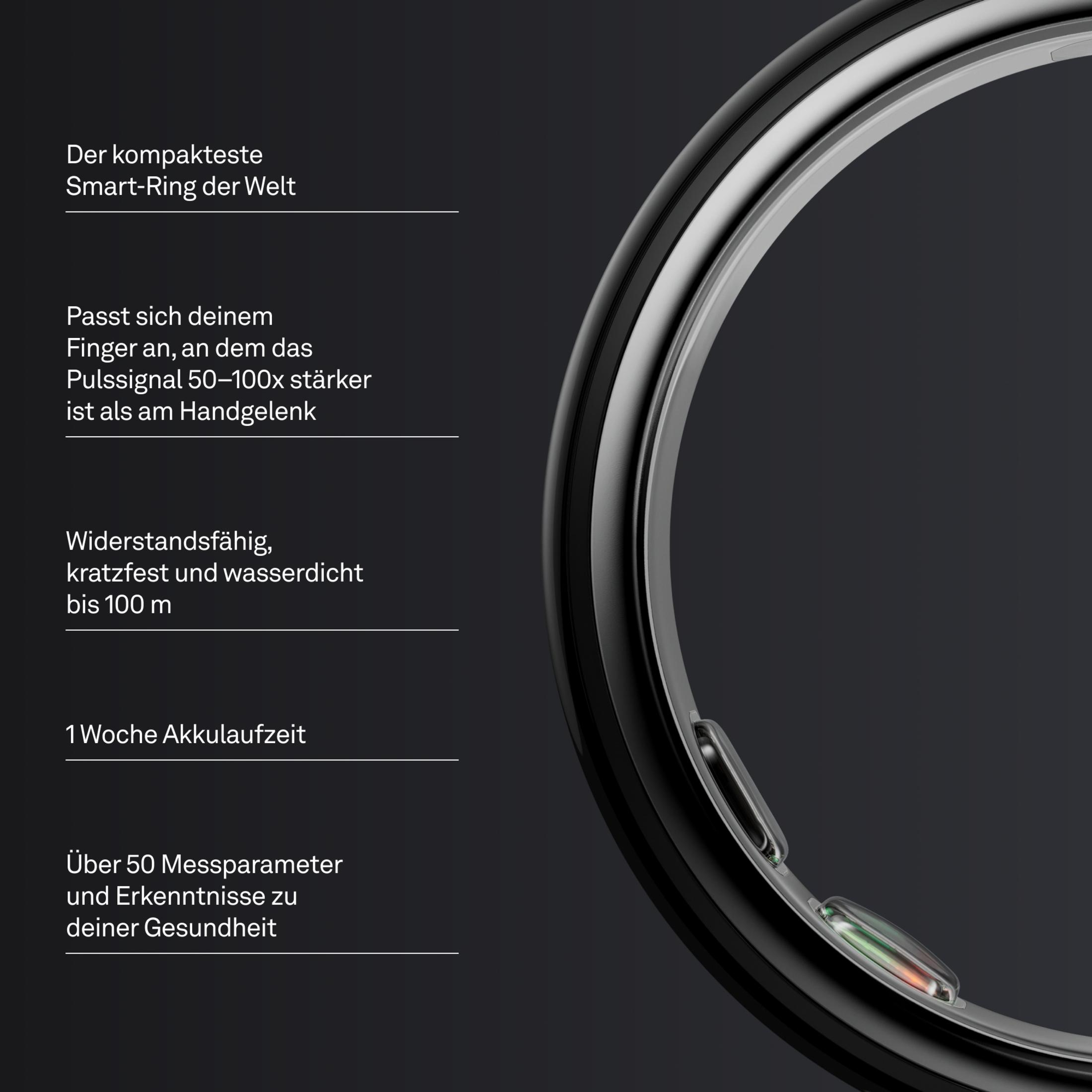 Ein schlanker Smart-Ring aus Metall mit Textinformationen daneben.