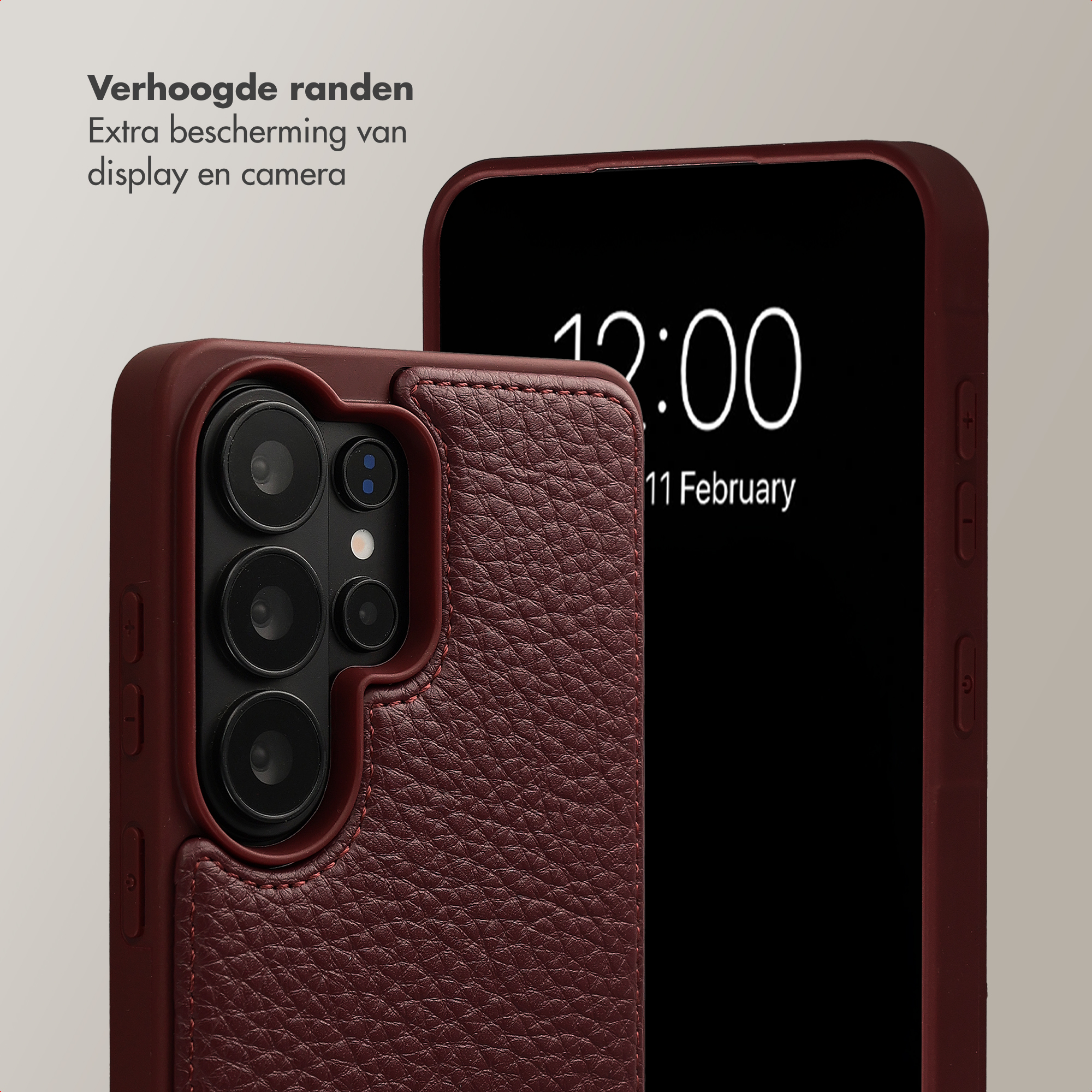 Burgundy leather-textured phone case shows camera and time on screen.