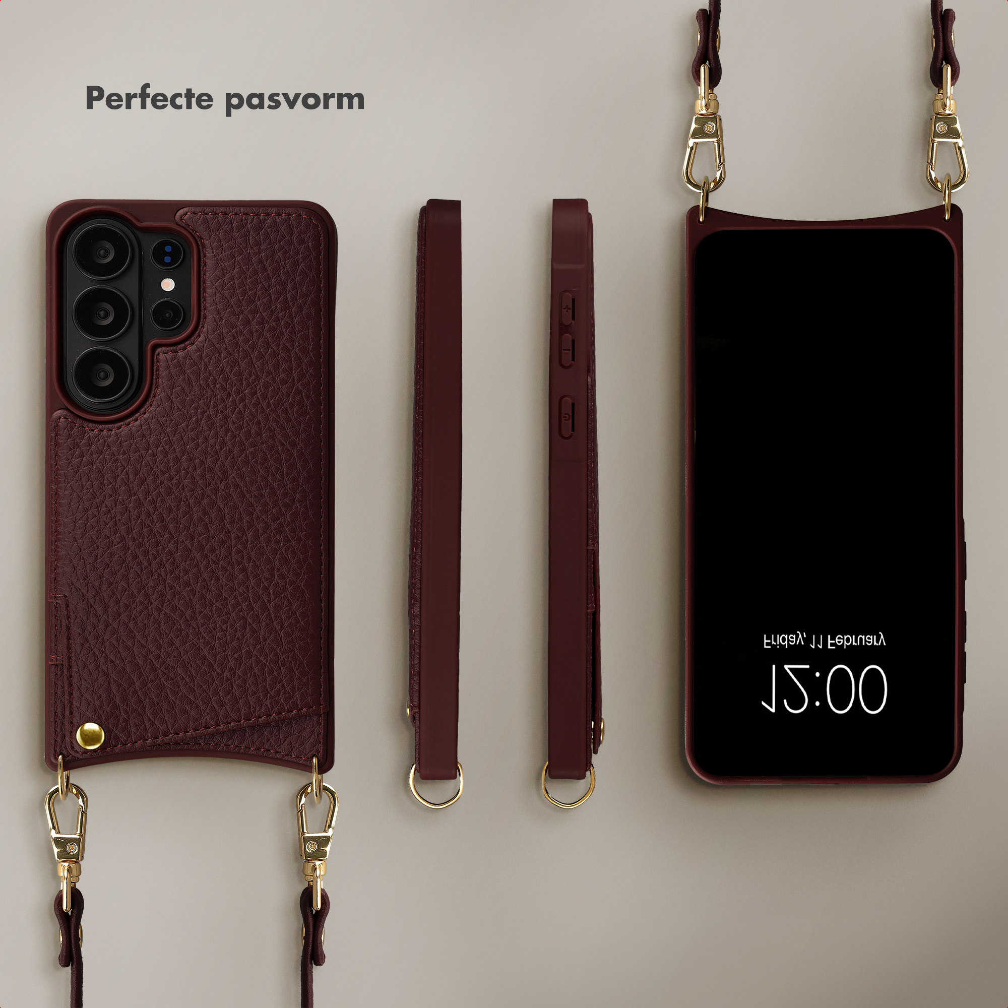A dark red phone case with camera protection and a lanyard. Phone side views are beside it.