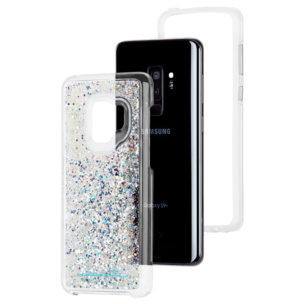 Ein schwarzes Samsung Galaxy S9+ mit einer glitzernden Hülle und einer durchsichtigen Hülle.