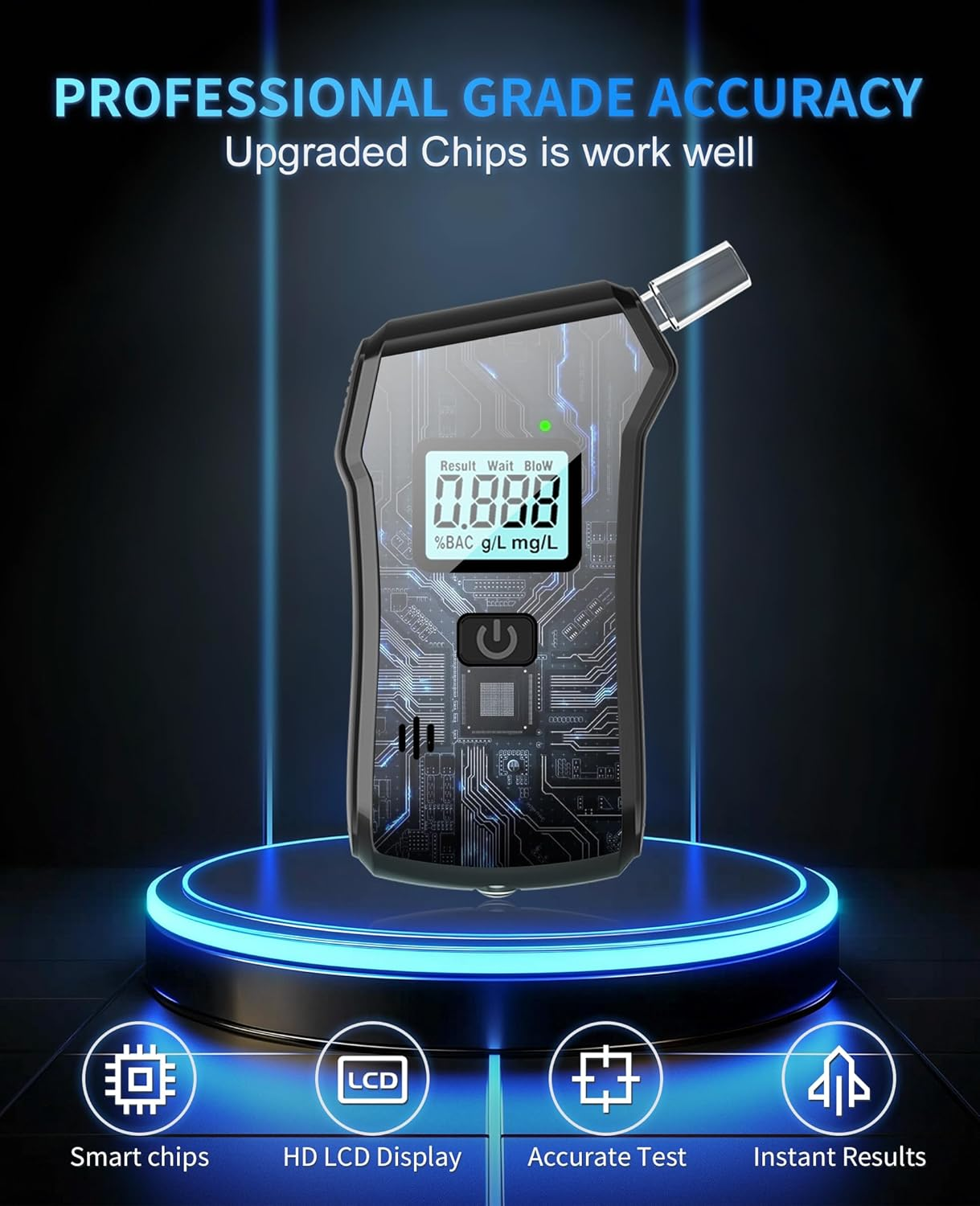 Digitaler Atemalkoholtester mit LCD-Bildschirm, der 0,888 %BAC anzeigt. Verfügt über Smart Chips, HD-Display.