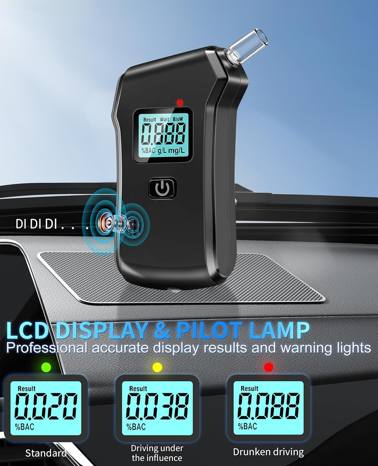 Digitaler Alkoholtester mit LCD-Anzeige zeigt 0,020% BAC (Standard), 0,038% BAC (beeinflusst) und 0,088% BAC (betrunken).