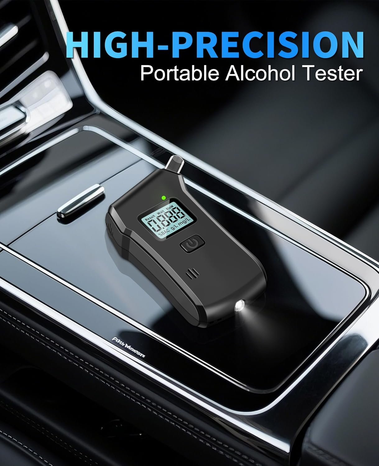 Tragbarer Alkoholtester mit digitaler Anzeige in einem Auto.