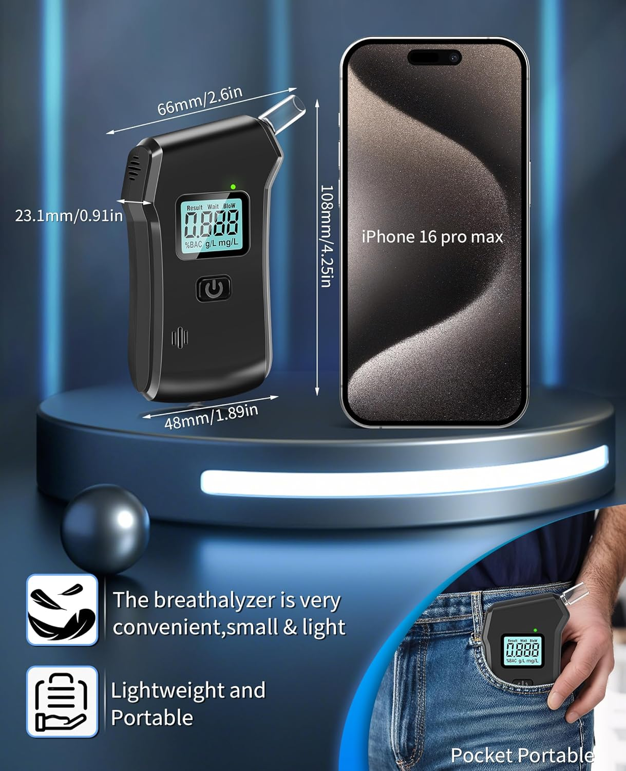 Schwarzer digitaler Alkoholtester neben iPhone 16 Pro Max. Taschenformat und tragbar.