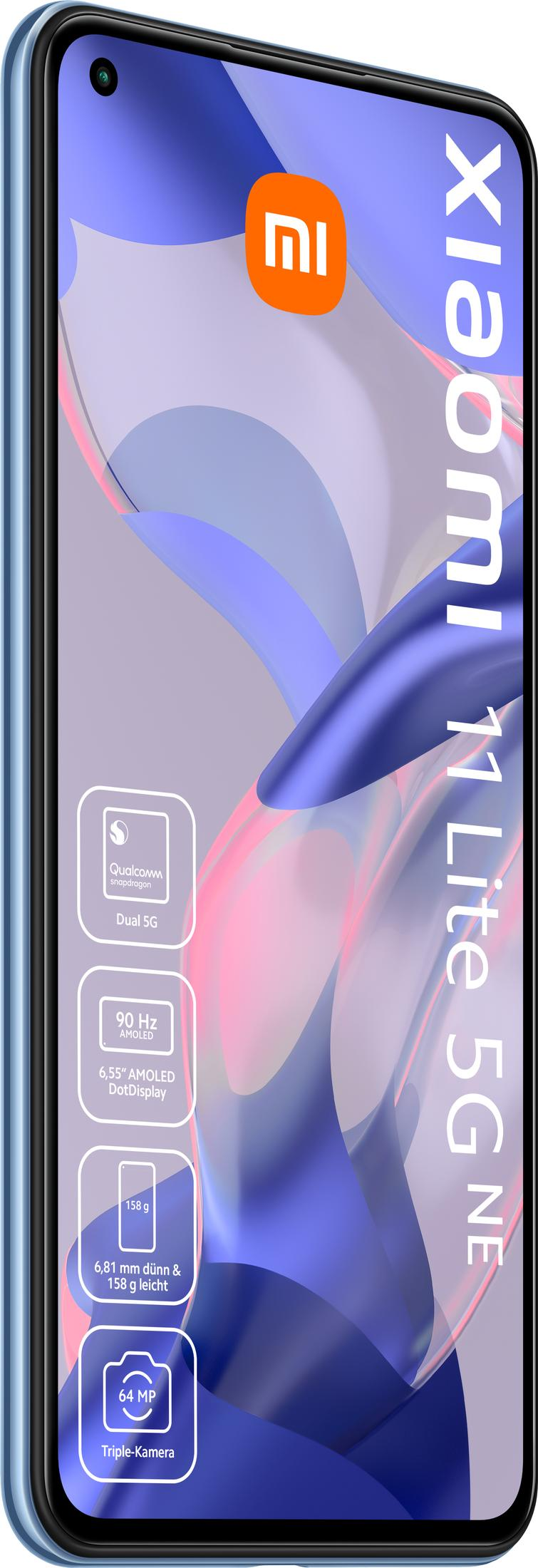 Blaues Xiaomi 11 Lite 5G NE mit Qualcomm Snapdragon und Triple-Kamera.