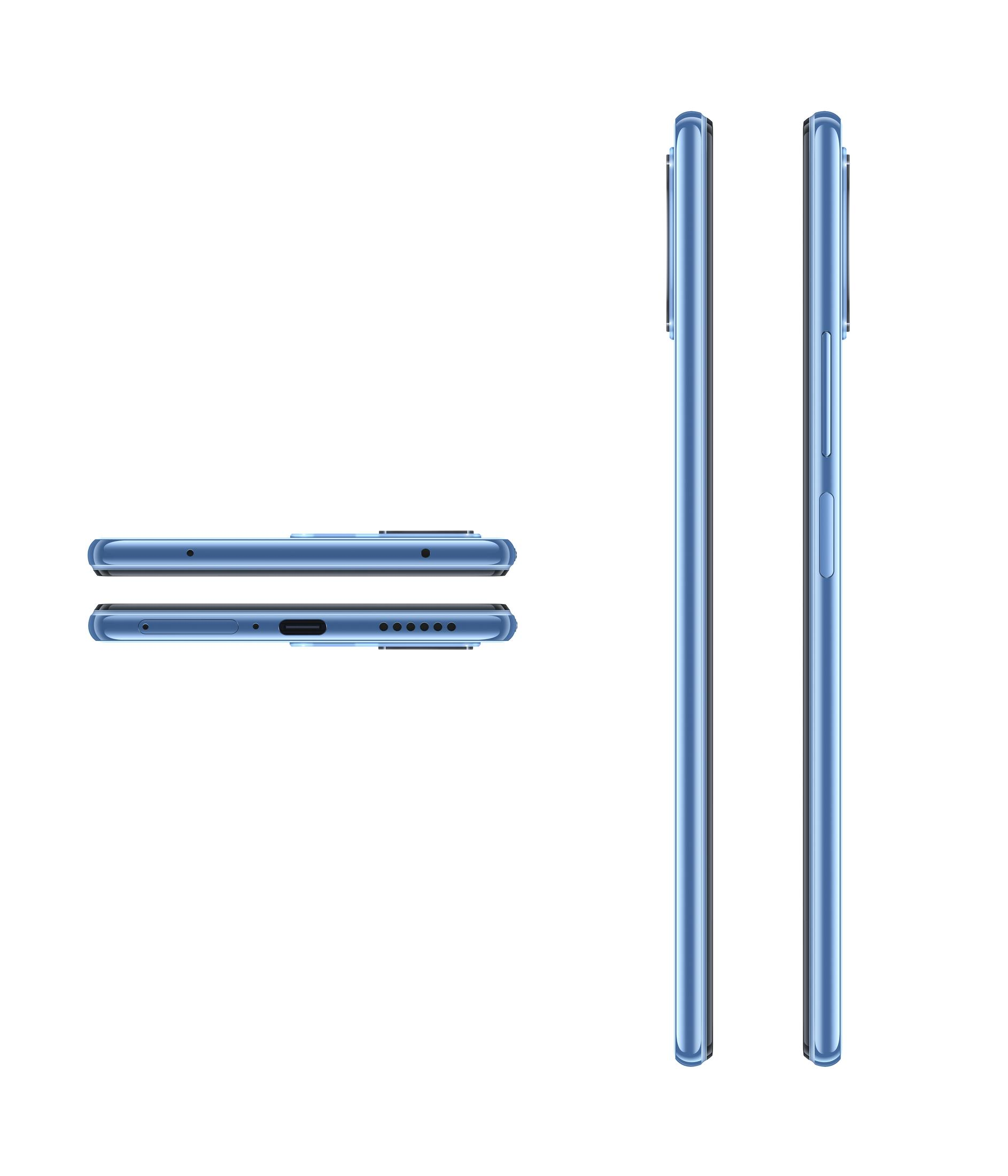 Blaues Smartphone von oben und von der Seite.
