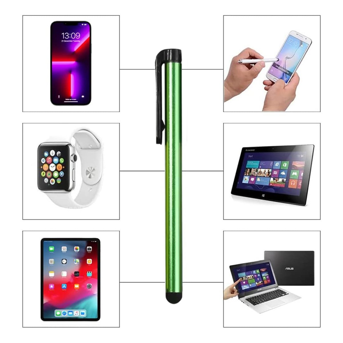 Grüner Stift mit Smartphone, Smartwatch, Tablet und Laptop.