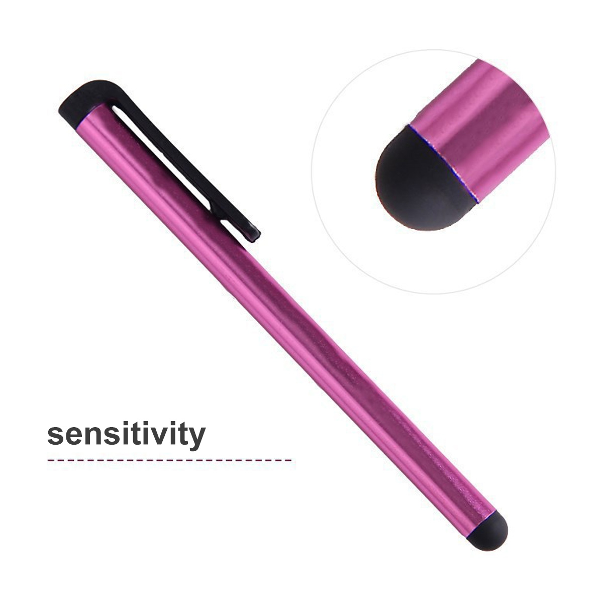 Ein rosafarbener Touchscreen-Stift mit schwarzer Kappe und Clip.