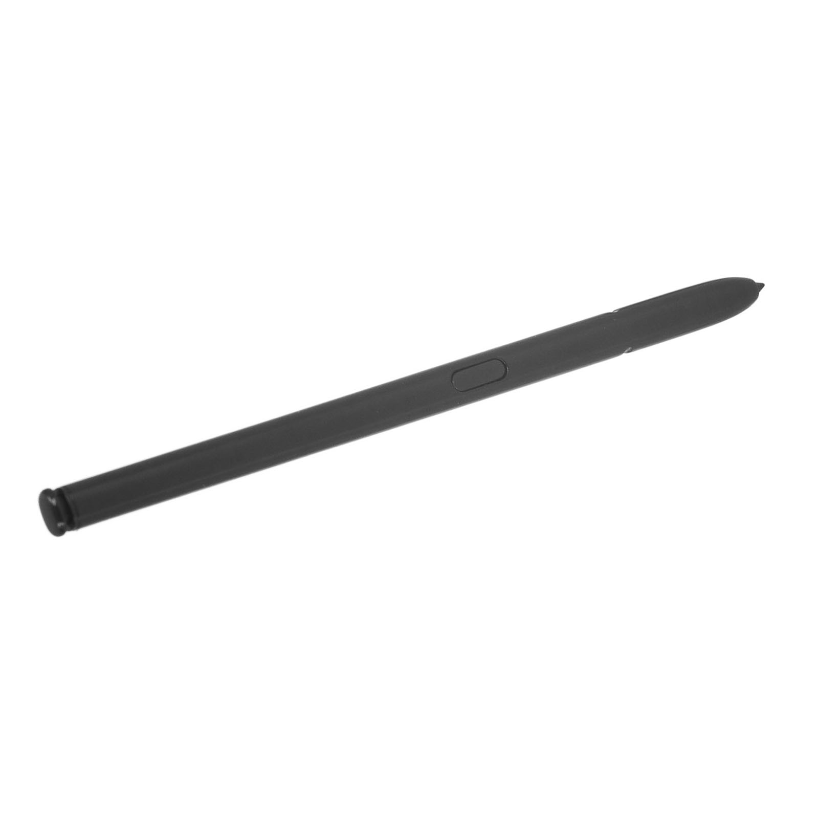 Ein schwarzer Stylus-Stift mit spitzer Spitze und Knopf liegt auf weißem Grund.