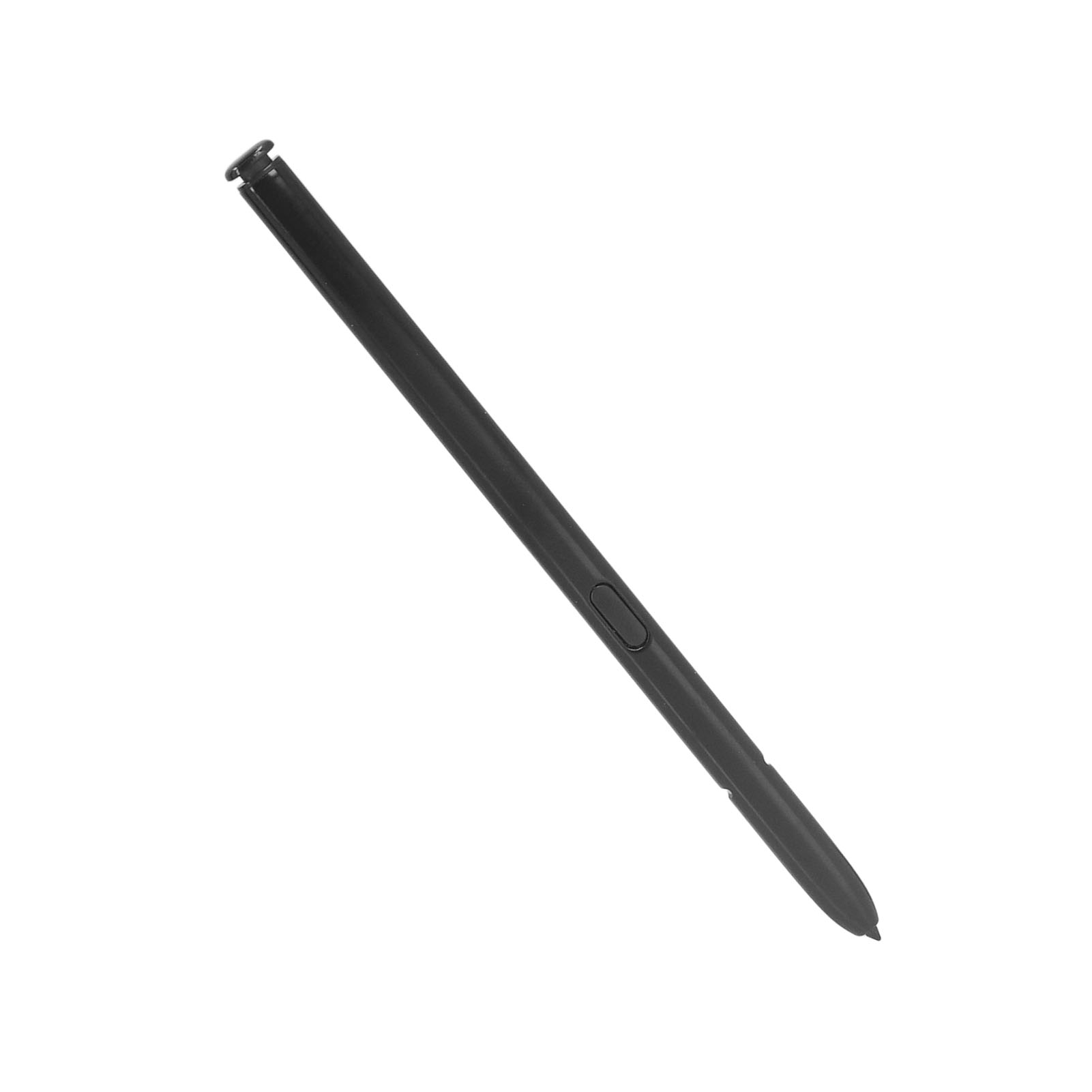 Schwarzer Stylus-Stift mit einem Knopf, diagonal auf weißem Hintergrund.