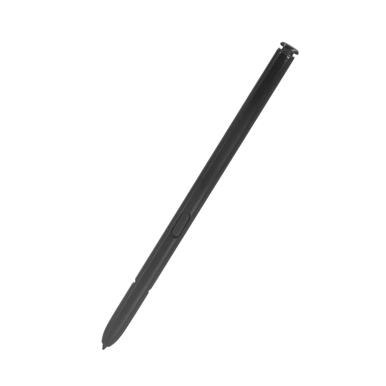 Ein schwarzer Stift mit einer Taste liegt auf weißem Hintergrund.