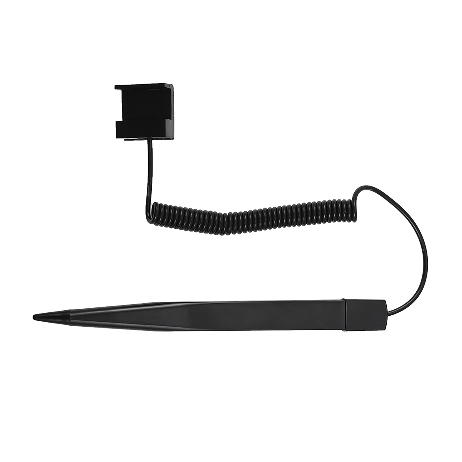 Schwarzer Stift mit einem spiralförmigen Kabel und einer Halterung.