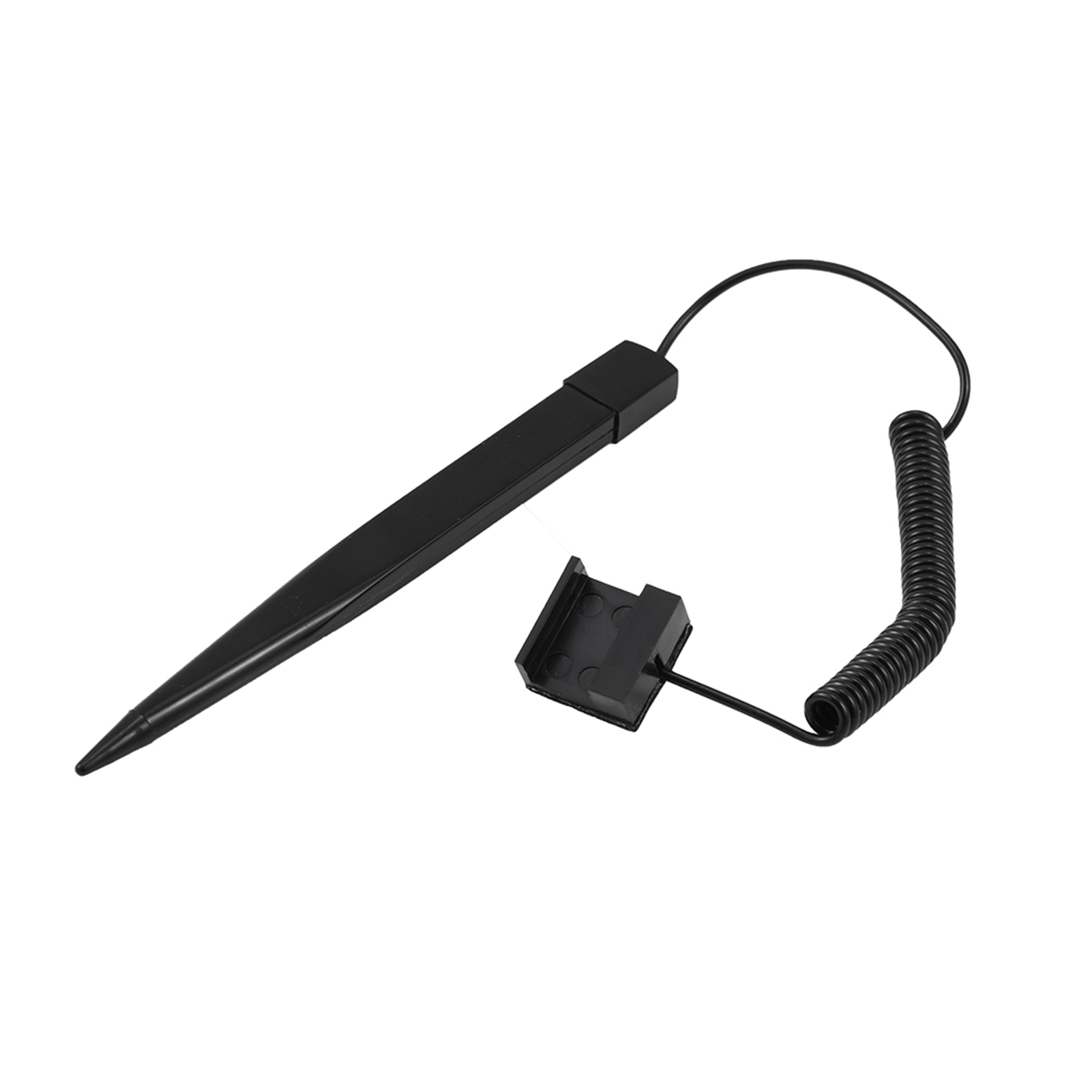 Ein schwarzer Stift mit Spiralkabel und kleinem Halter auf weißem Grund.