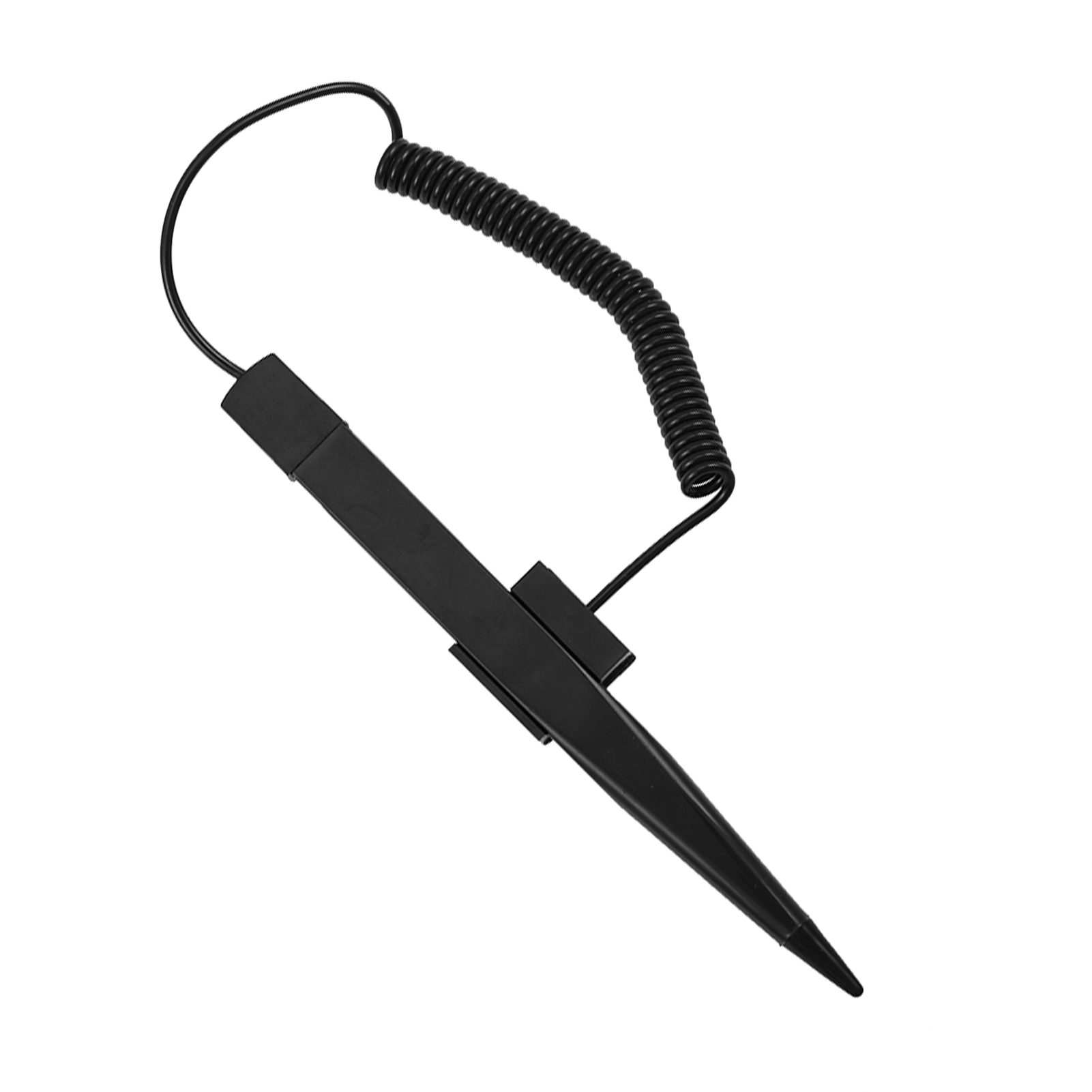 Ein schwarzer Stift mit einem spiralförmigen Kabel, der auf weißem Hintergrund isoliert ist.