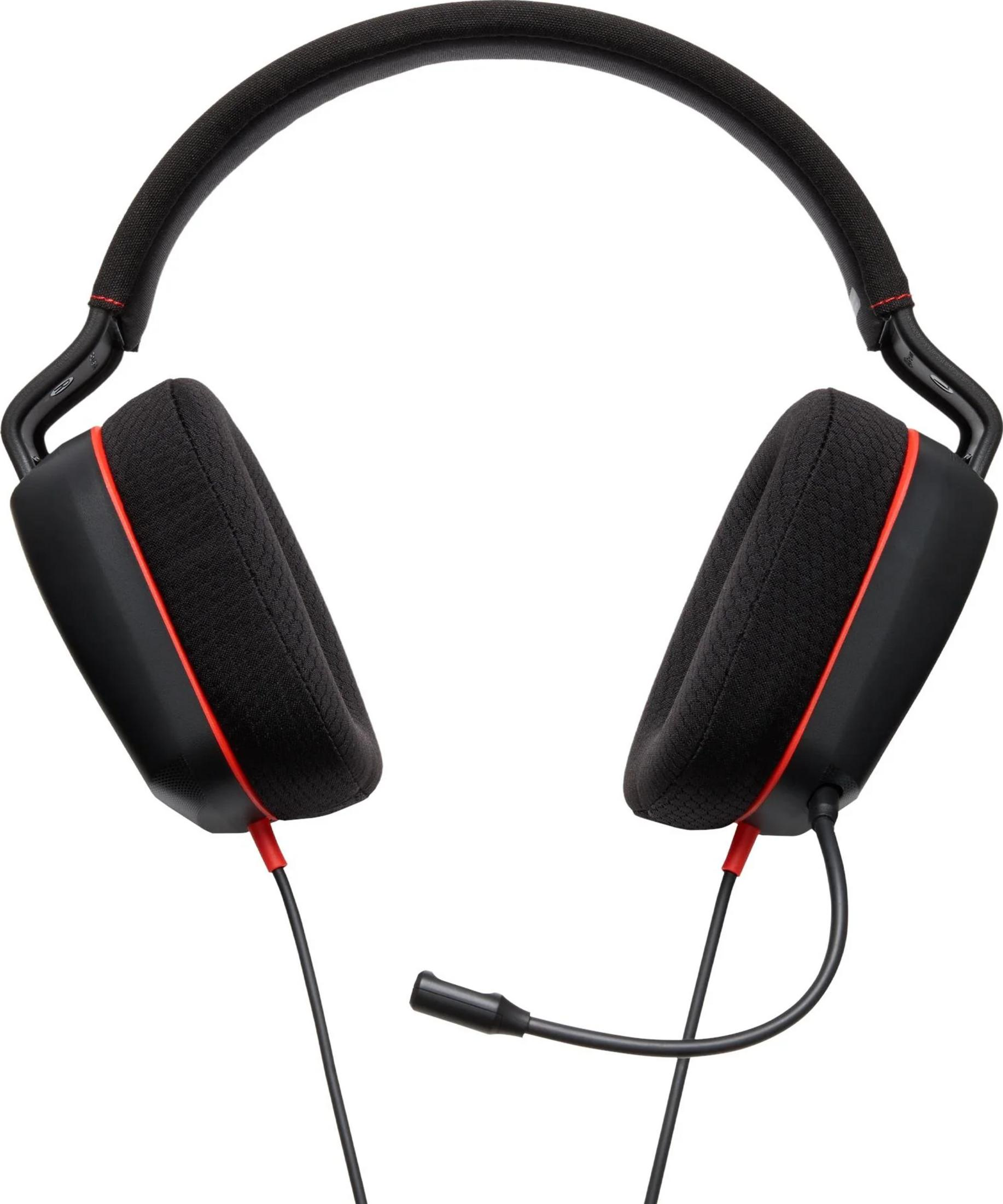 Casque noir avec ligne rouge et micro, sur fond blanc.