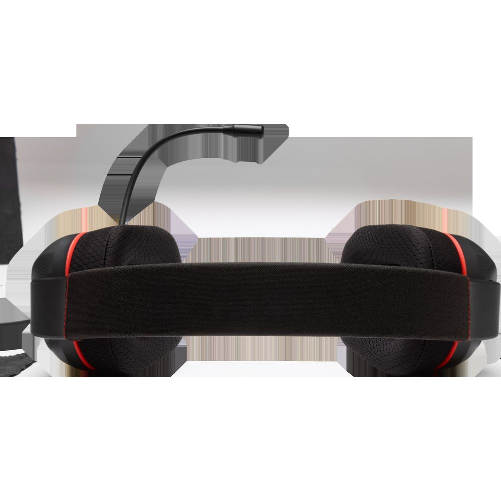Casque noir avec microphone et garniture rouge.