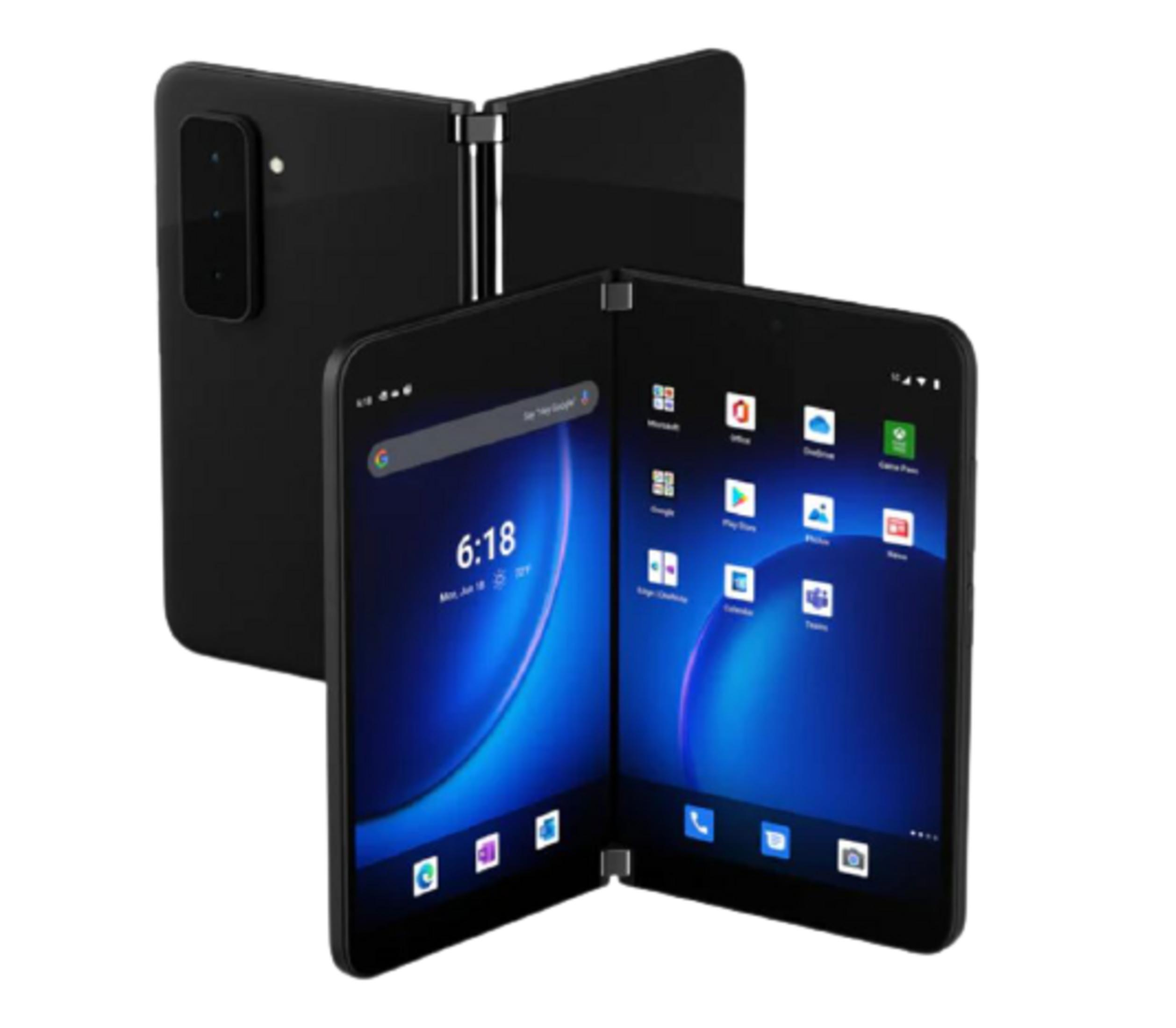 Ein schwarzes faltbares Smartphone mit zwei Bildschirmen, eines geöffnet, das andere geschlossen.