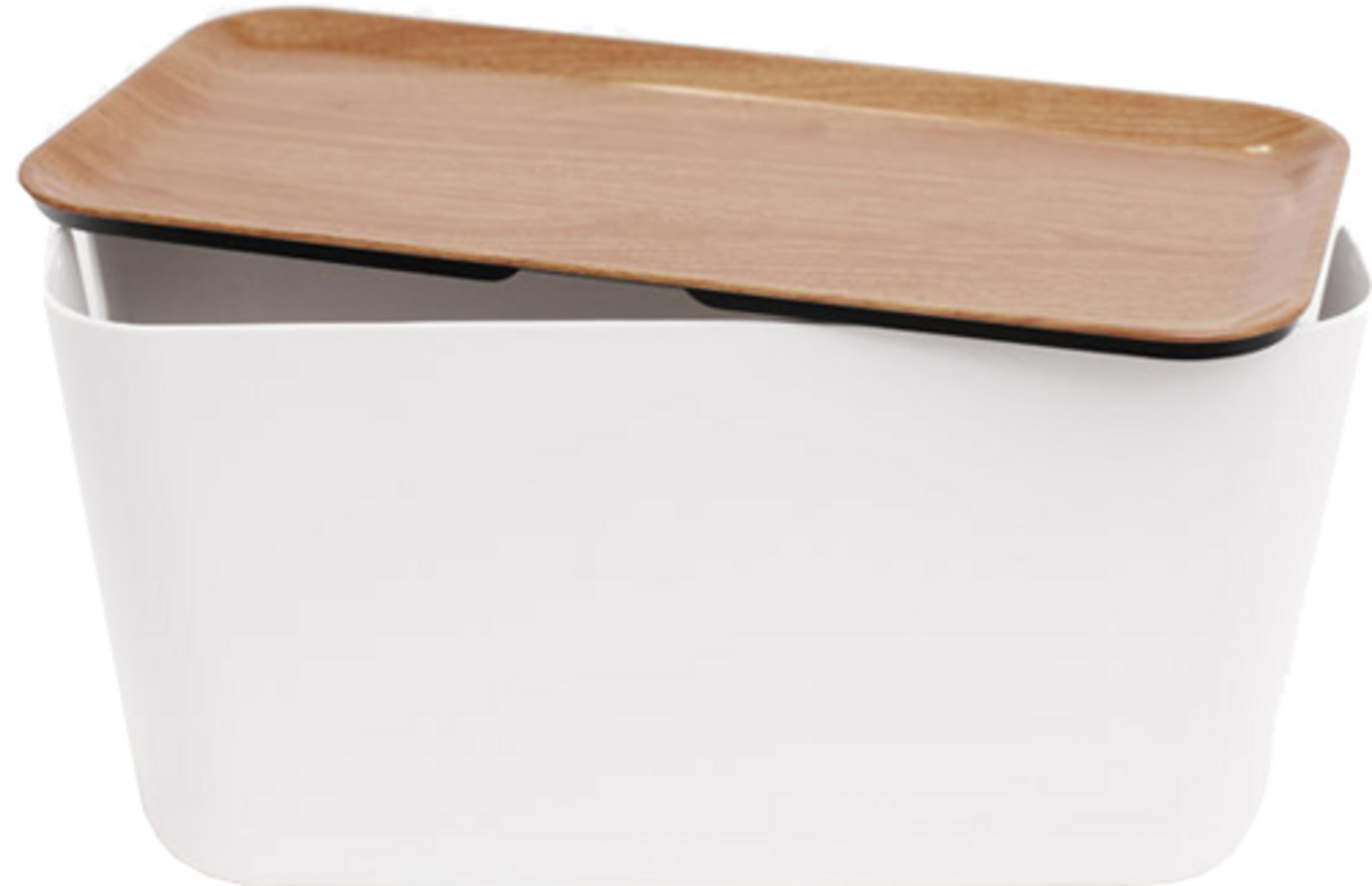 Ein weißer Behälter mit einem Holzdeckel, der schräg aufliegt.