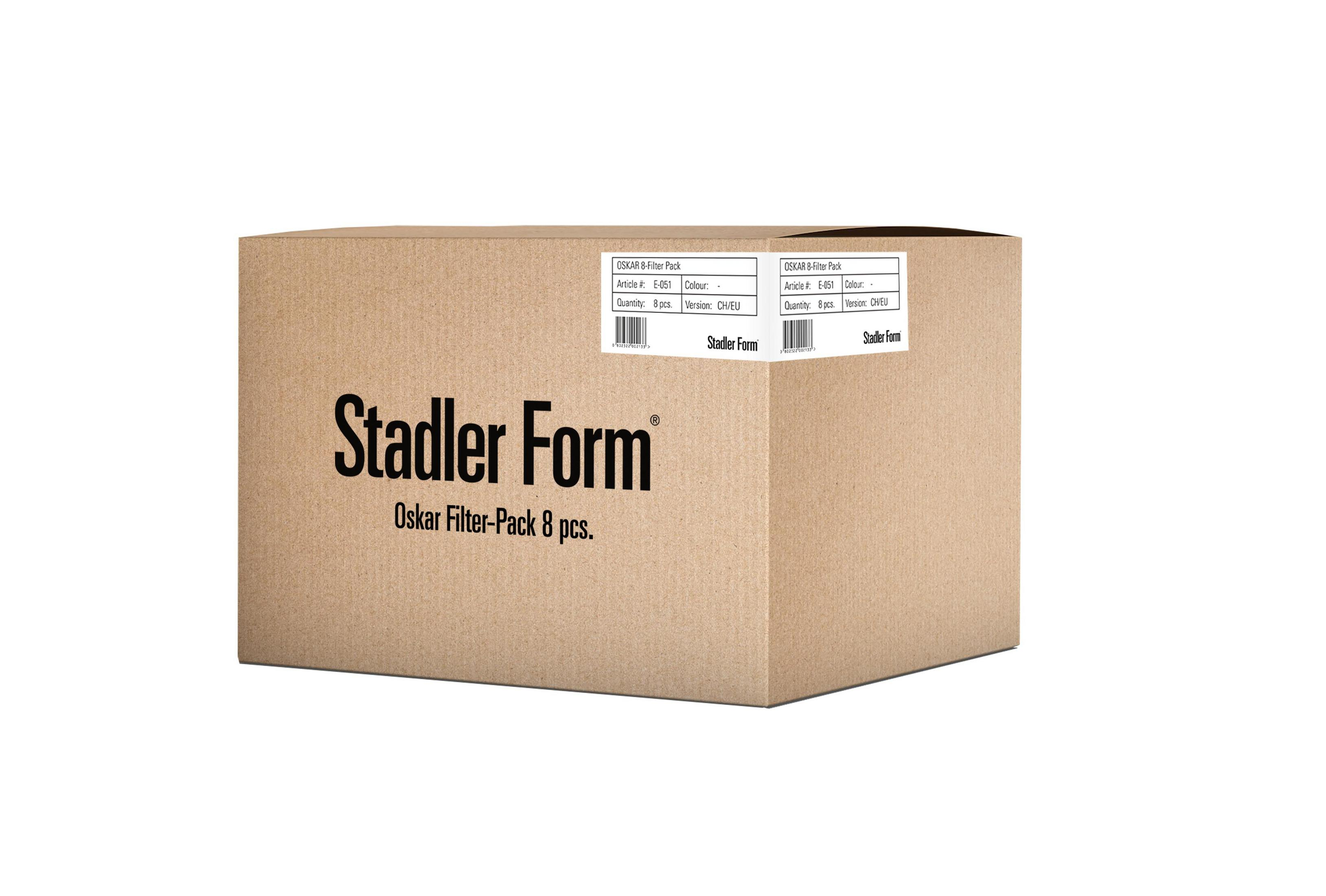 A brown cardboard box reading 'Stadler Form Oskar Filter-Pack 8 pcs.'