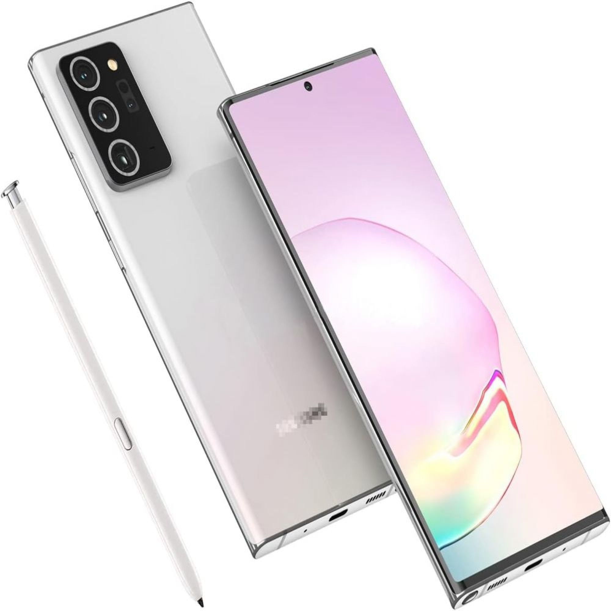 Ein weißes Smartphone mit drei Kameras und einem Stift auf weißem Hintergrund.