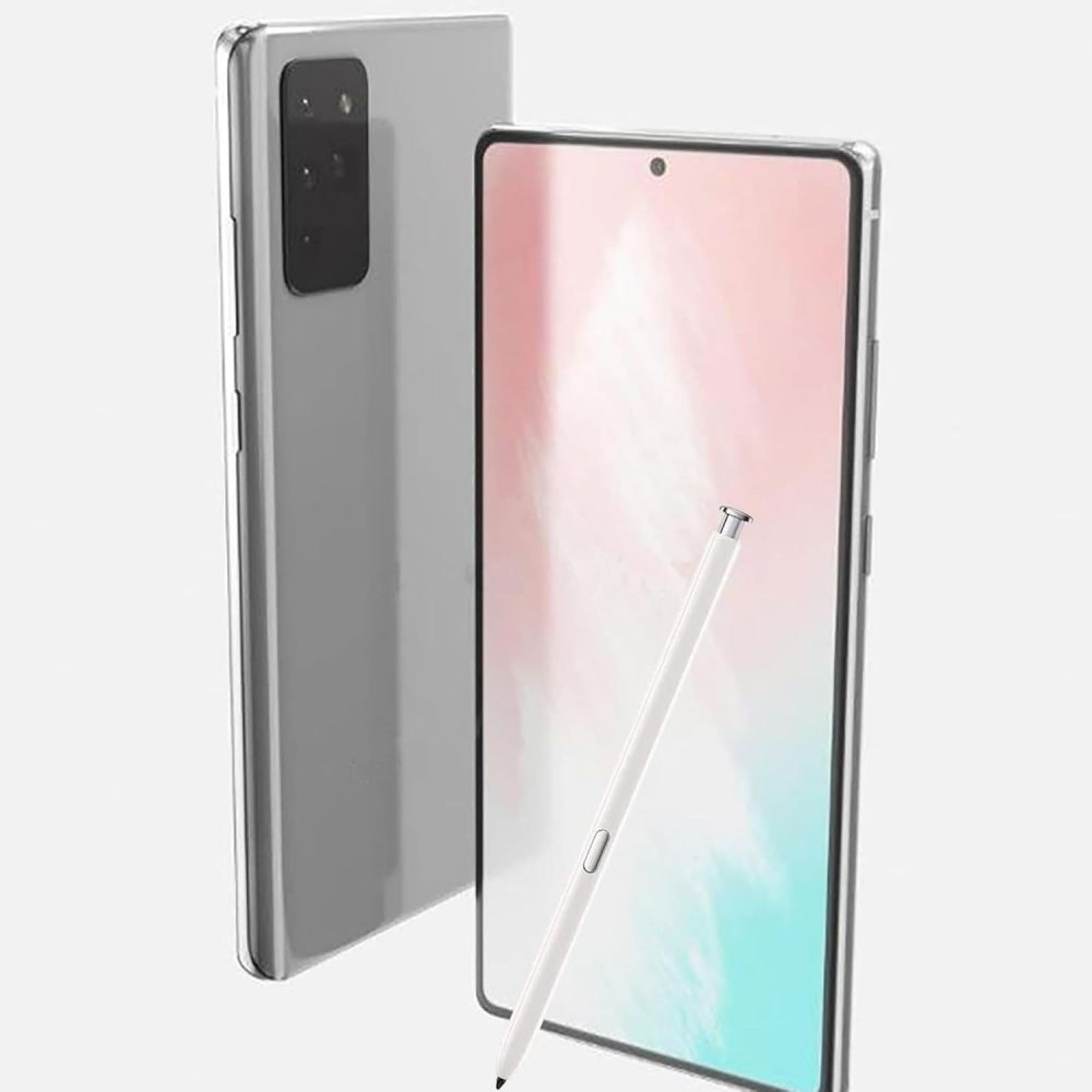 Ein silbernes Smartphone mit Stift, das auf einem weißen Hintergrund steht.
