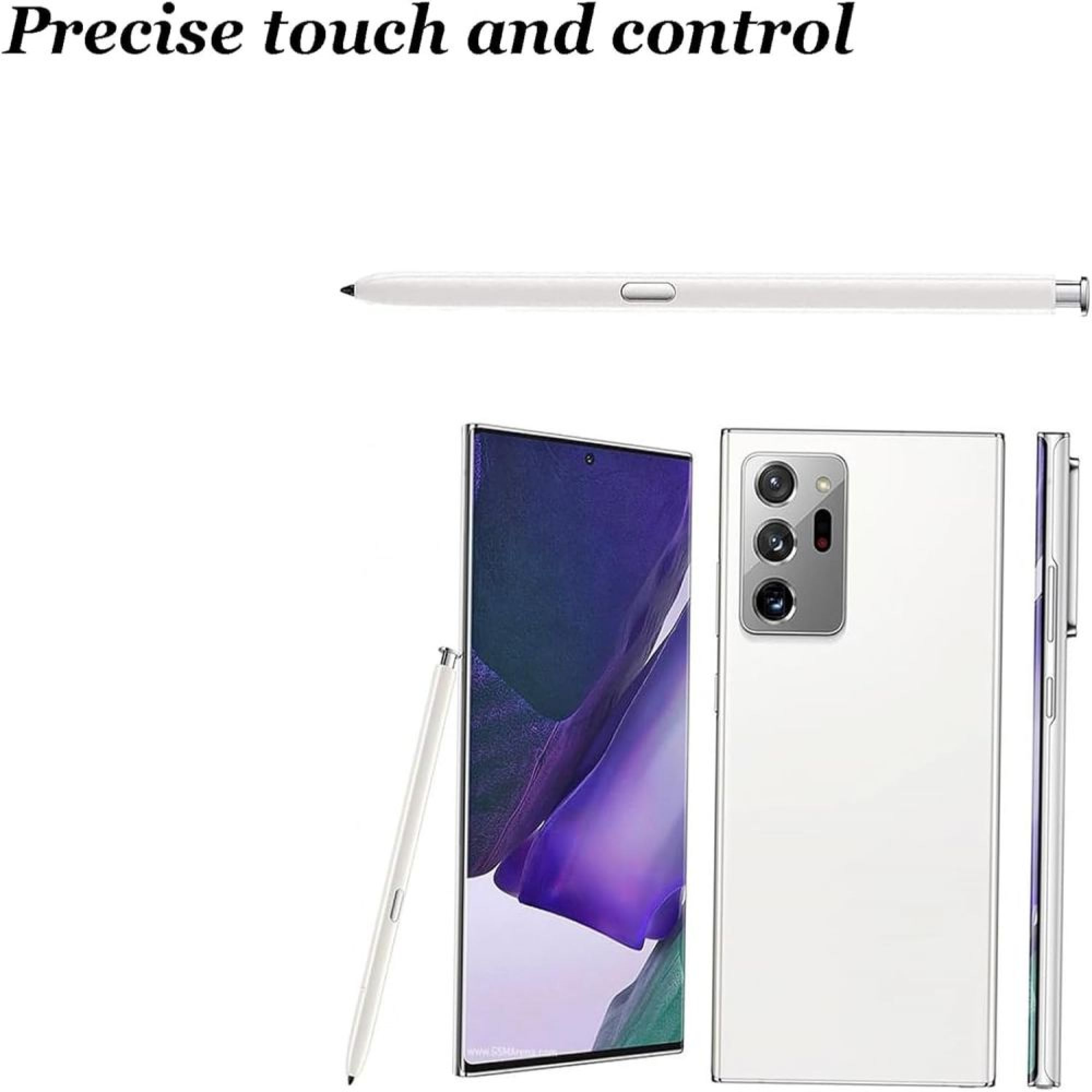 Ein weißes Smartphone mit Stylus und Kamera-Array auf weißem Hintergrund.
