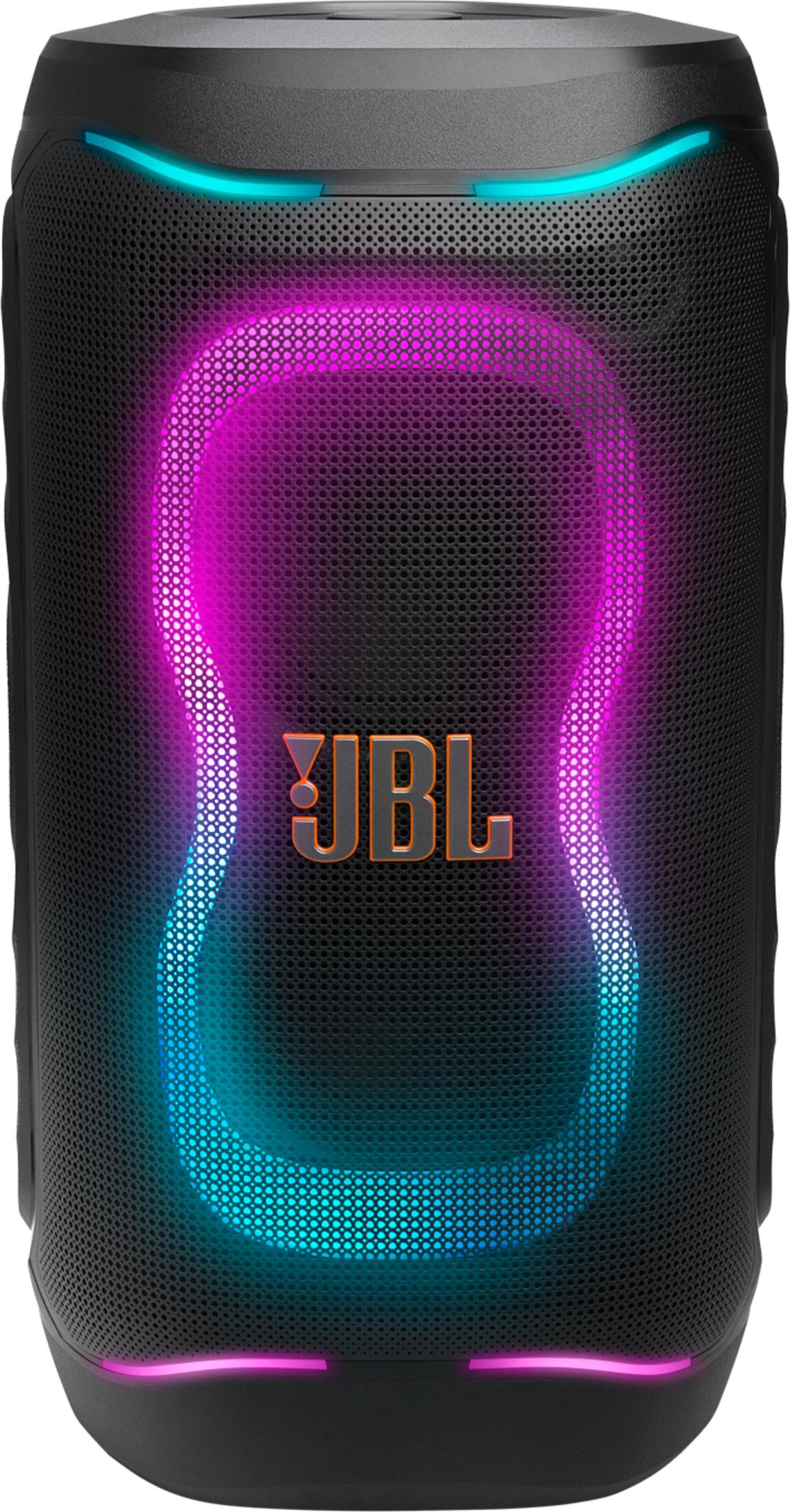 Altavoz JBL negro con luces moradas y azules intermitentes.