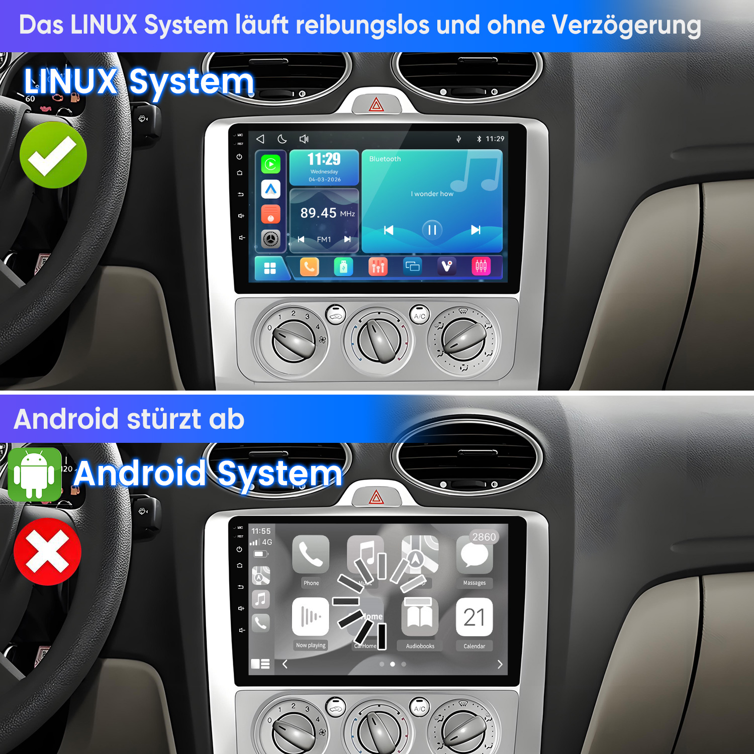 Oben: Linux-System mit grüner Überprüfung. Unten: Android-System mit rotem Kreuz.