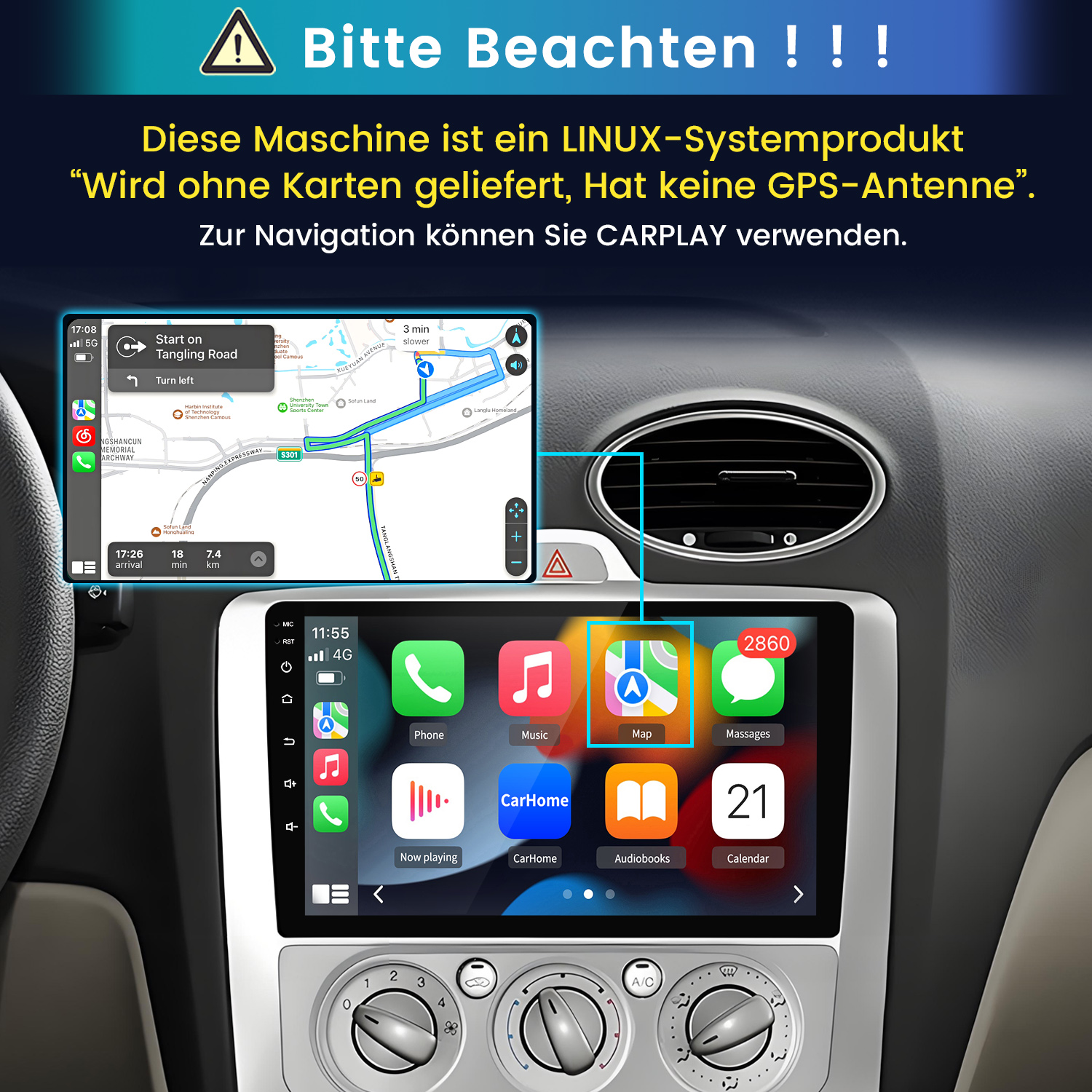 Ein Auto-Infotainment-System zeigt eine Navigations-App und App-Icons.