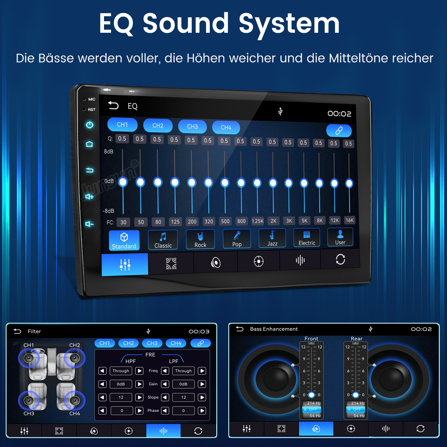 Ein Autoradio-Bildschirm zeigt EQ-Einstellungen, Filter und Bassanhebung.