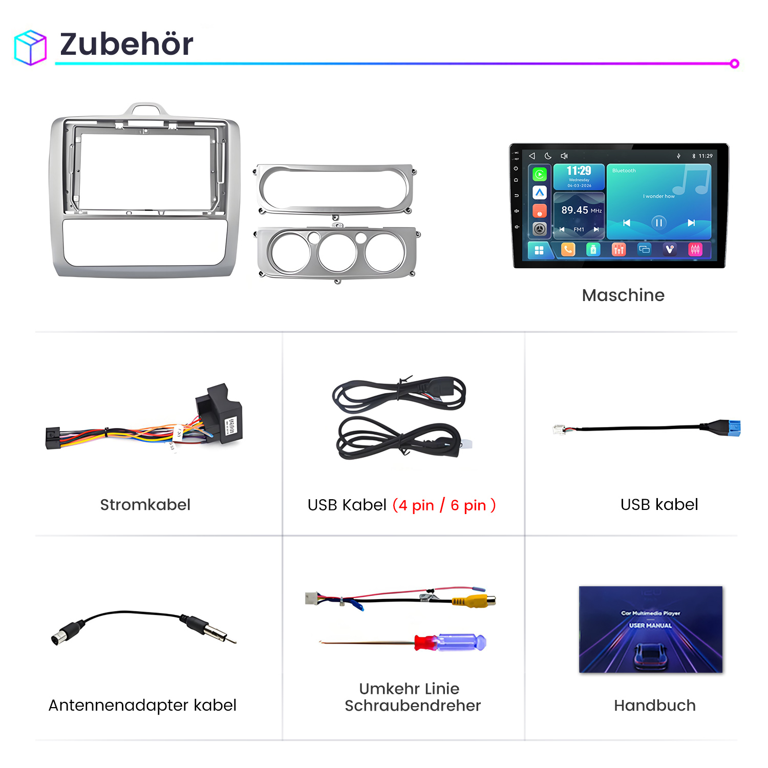 Zubehörteile für ein Autoradio: Einbaurahmen, Kabel, USB-Kabel, Schraubendreher und Handbuch.