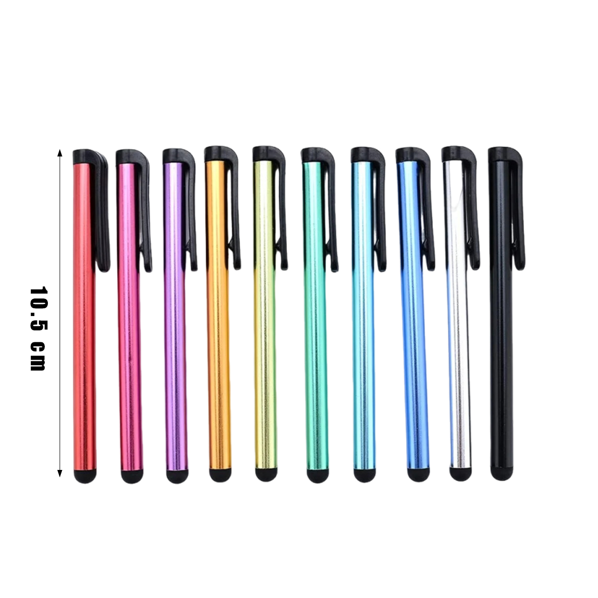 Zehn bunte Touchscreen-Stifte in Rot, Pink, Lila, Gold, Gelb, Grün, Türkis, Blau, Silber und Schwarz.