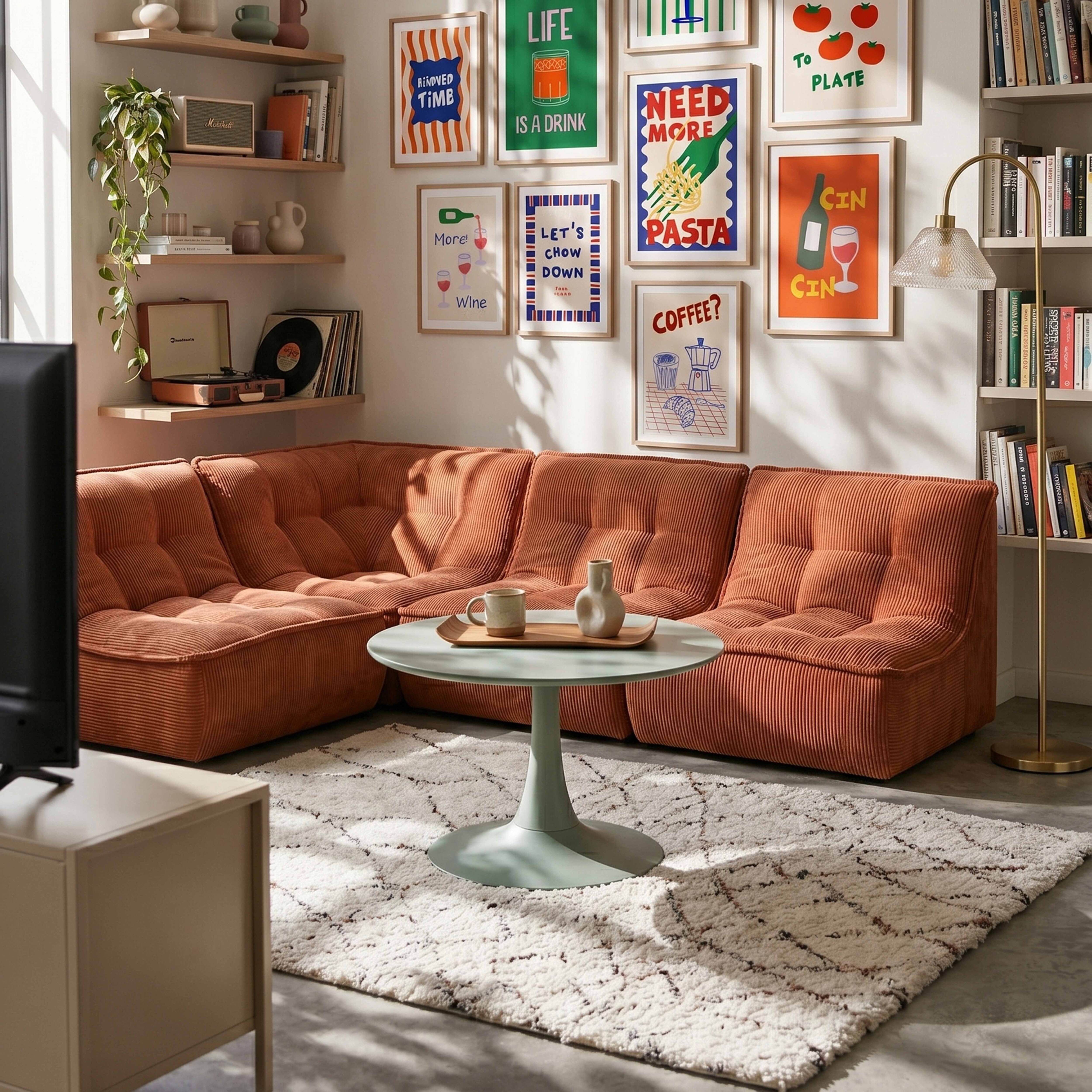 Ein Wohnzimmer mit einem orangefarbenen Cord-Sofa, einem runden Tisch und Kunstwerken an der Wand.