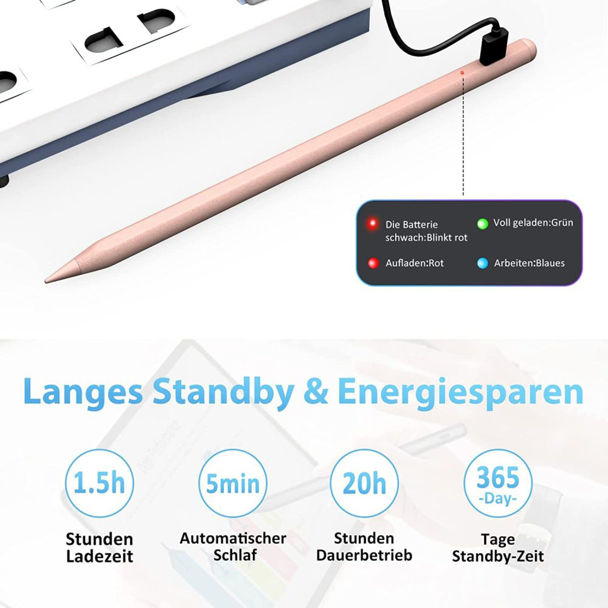 Ein pinker Stift lädt, mit Statusanzeigen für Batterie und Aufladen.