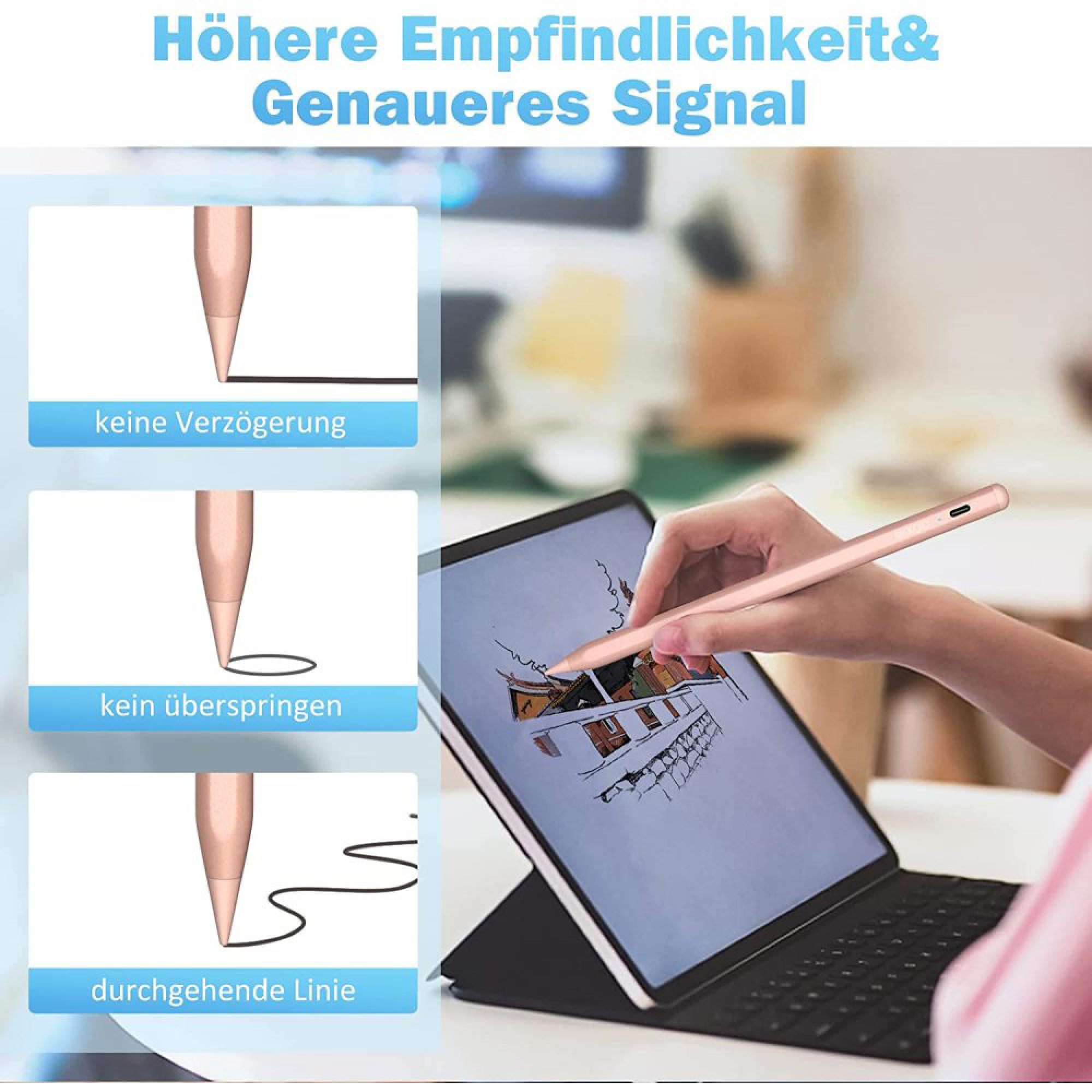 Eine Hand benutzt einen Stift, um auf einem Tablet zu zeichnen. Es gibt Nahaufnahmen.