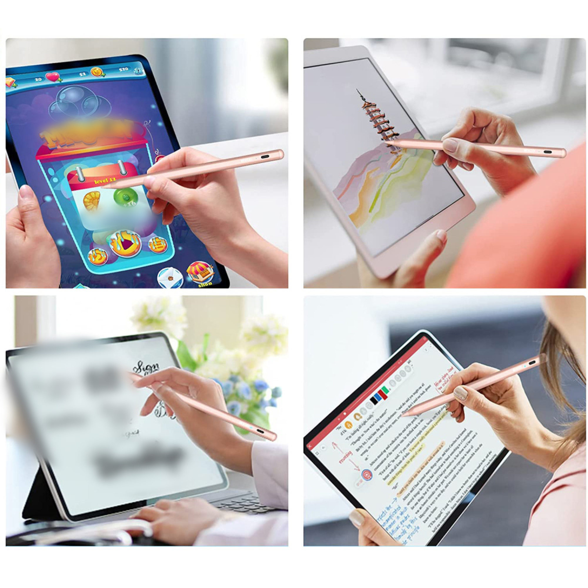 Person spielt ein Handyspiel auf einem Tablet mit einem Stift.