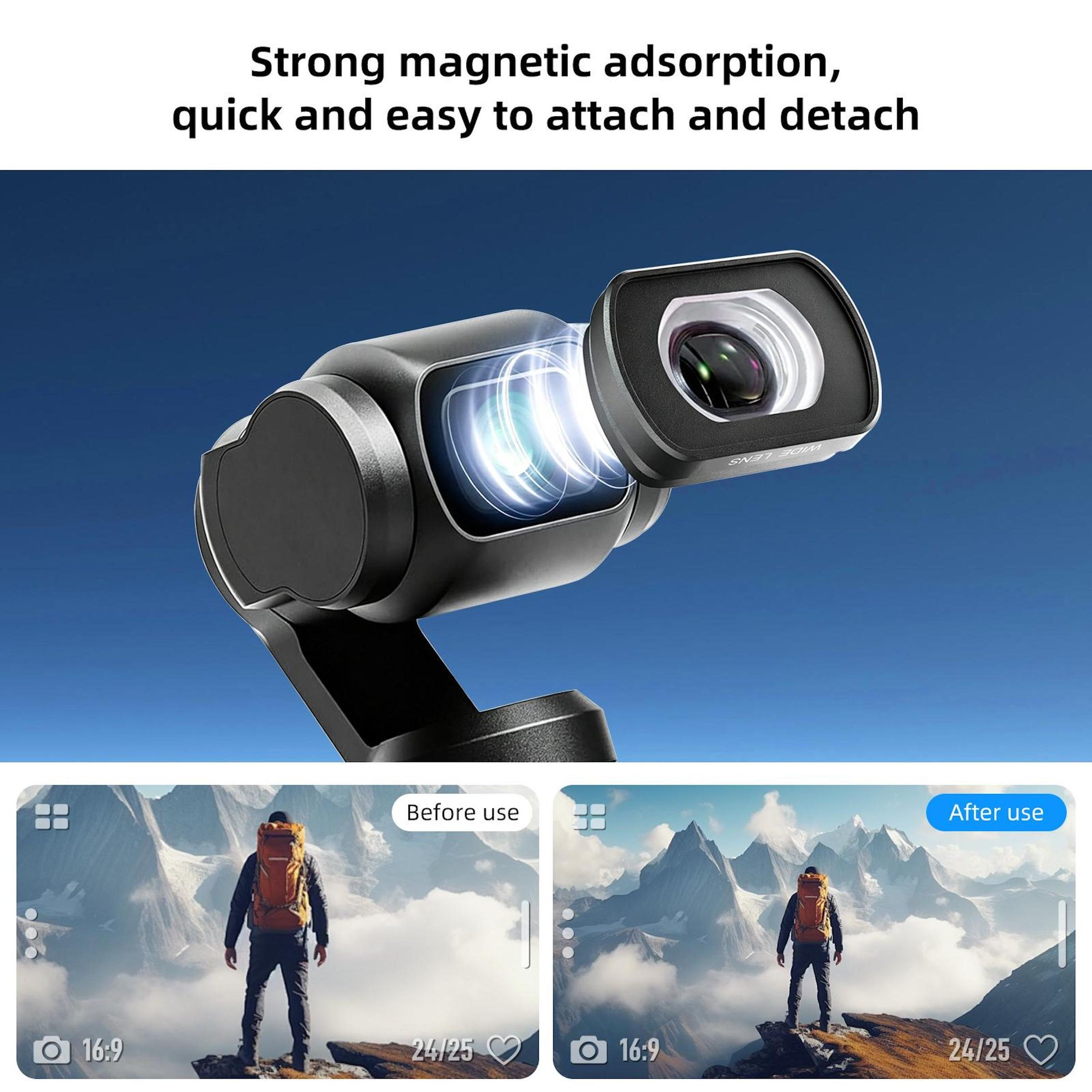 Ein Gimbal-Objektiv mit starker magnetischer Haftung, leicht anzubringen und abzunehmen.