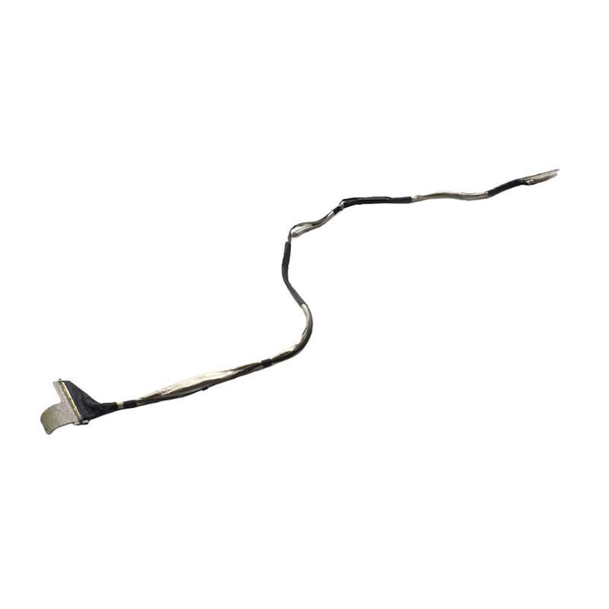 Una cinta de cable fina, plateada y negra con un conector en un extremo.