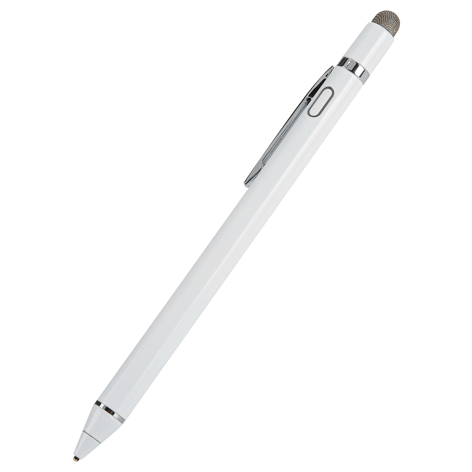 Ein weißer Touchscreen-Stift mit silbernen Akzenten und Clip.