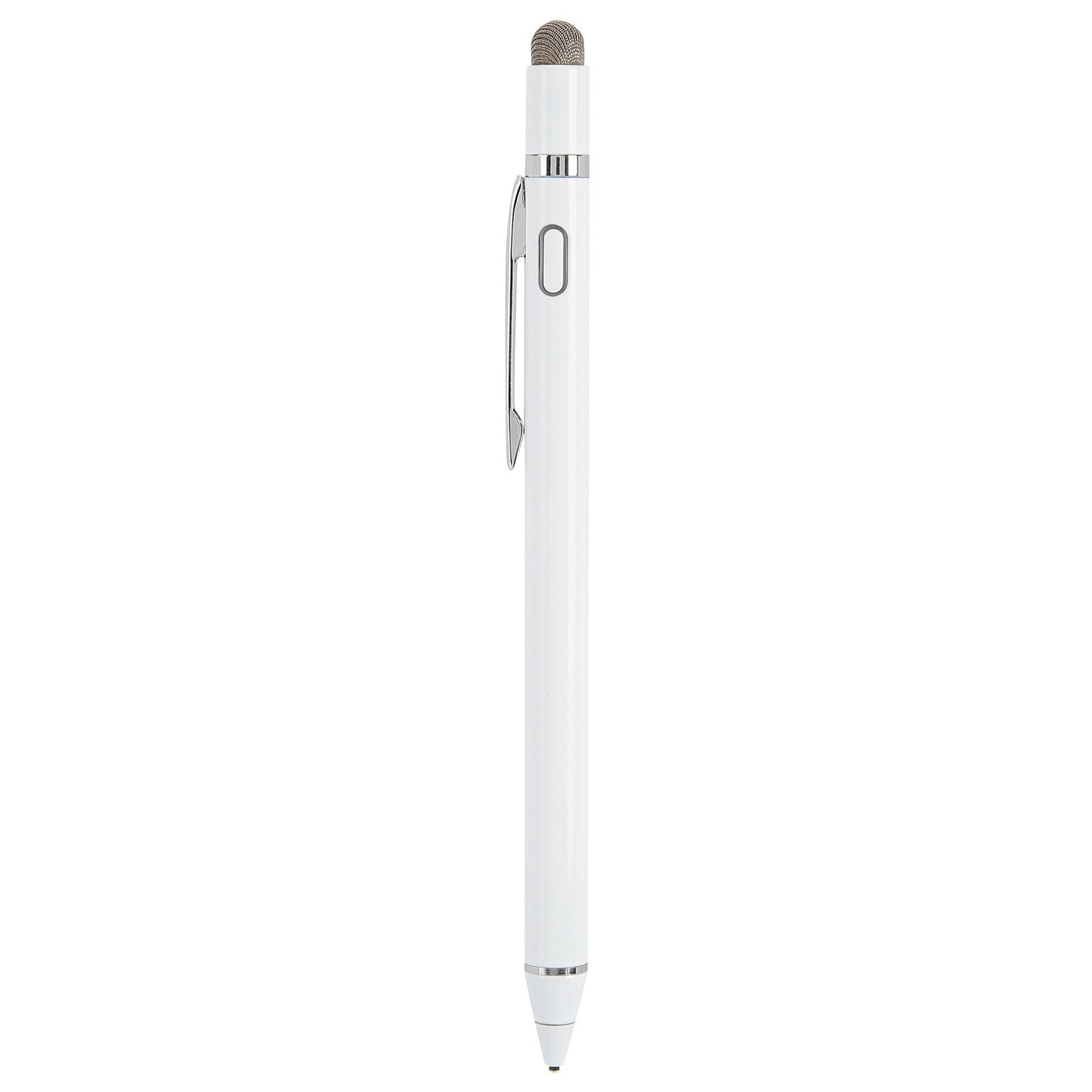 Ein weißer Stift mit silbernem Clip und berührungsempfindlicher Spitze.