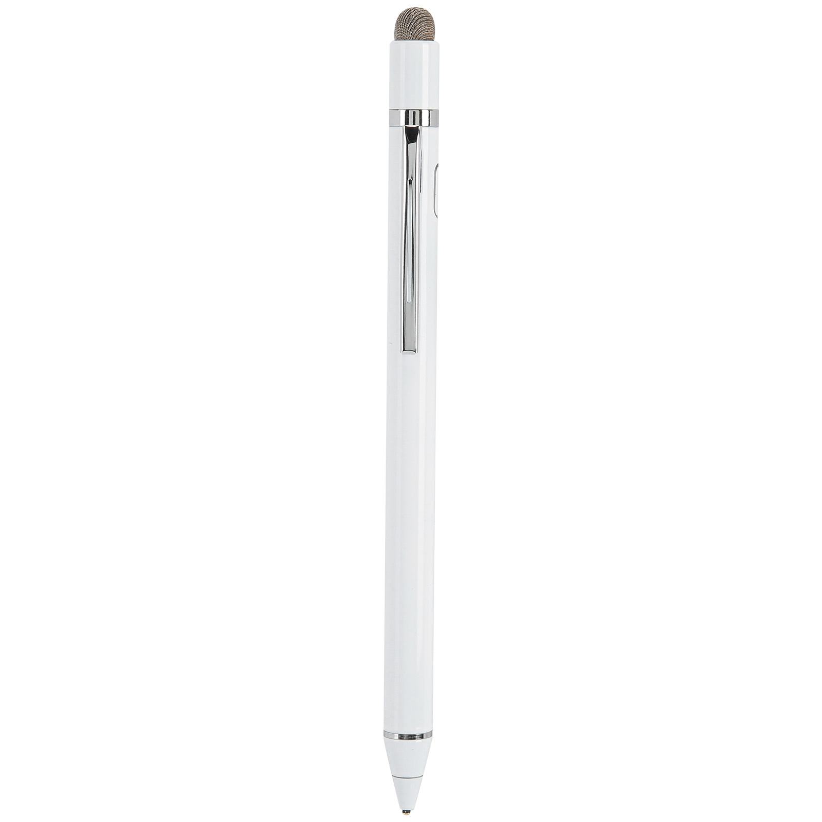 Ein weißer Stift mit silbernen Akzenten und einem braunen Touchscreen-Stiftaufsatz.