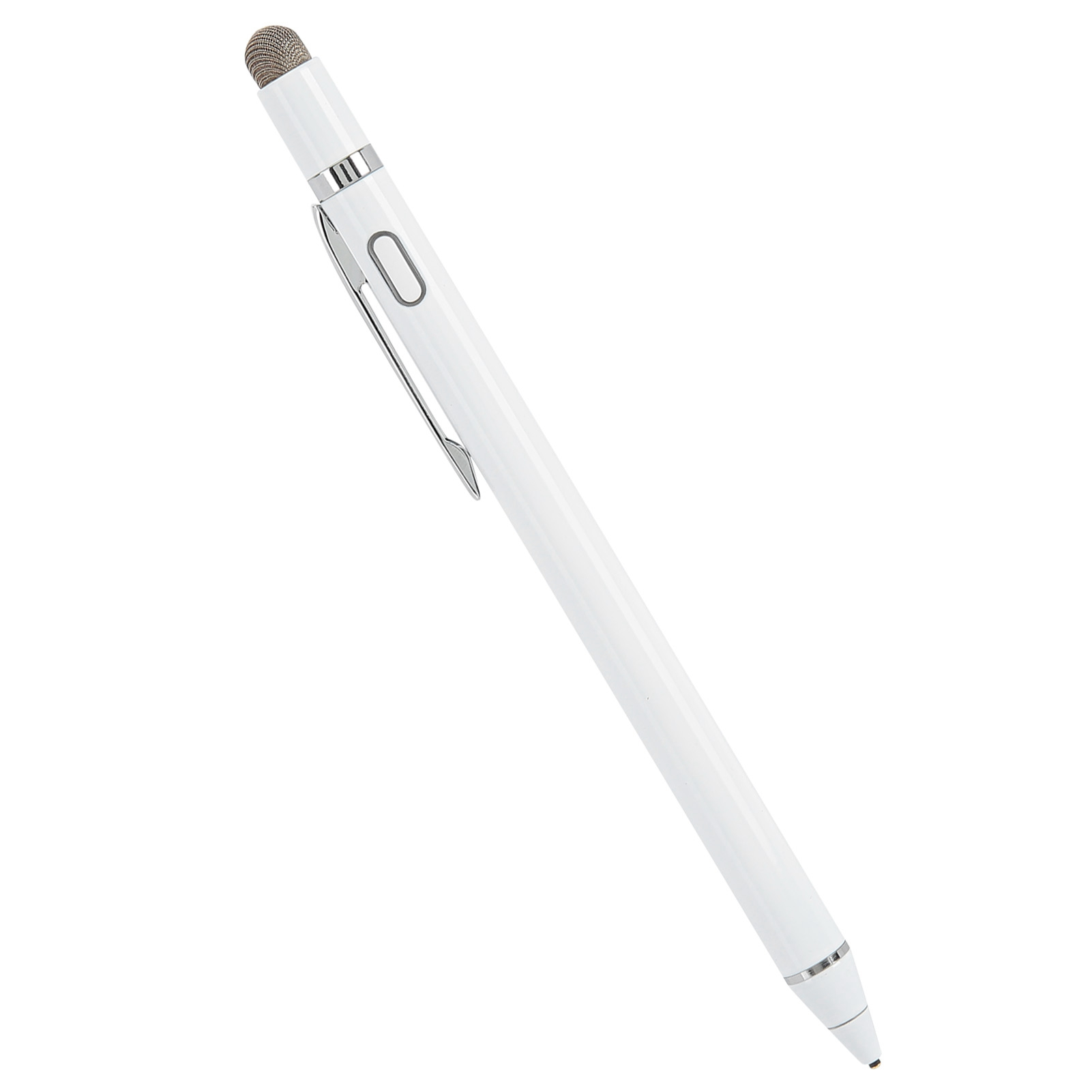 Ein schlanker, weißer Touchscreen-Stift mit silbernen Akzenten und einem Netzstift.