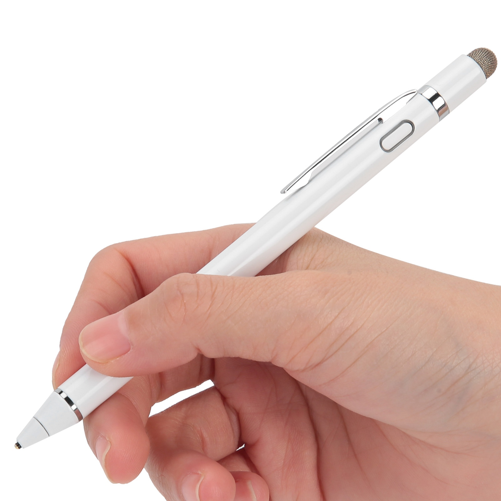 Eine Hand hält einen weißen Stift mit silbernen Akzenten und einer Gummispitze.
