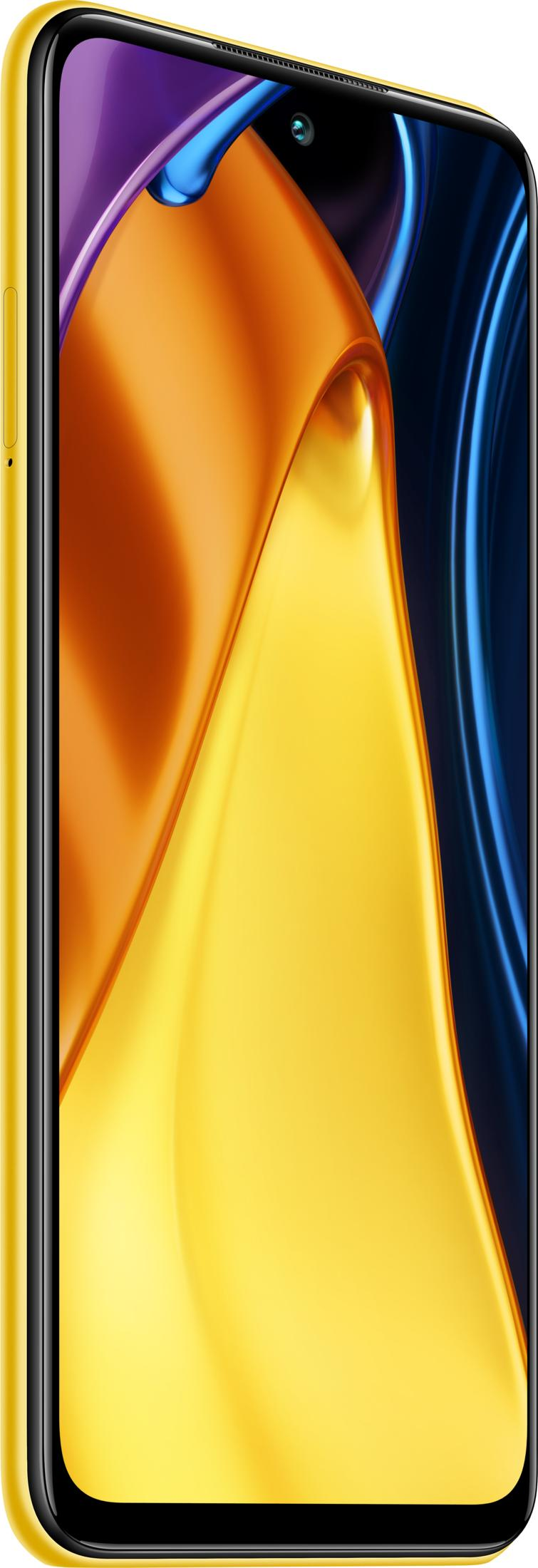 Uno smartphone giallo con uno sfondo astratto e fluido in arancione e blu.