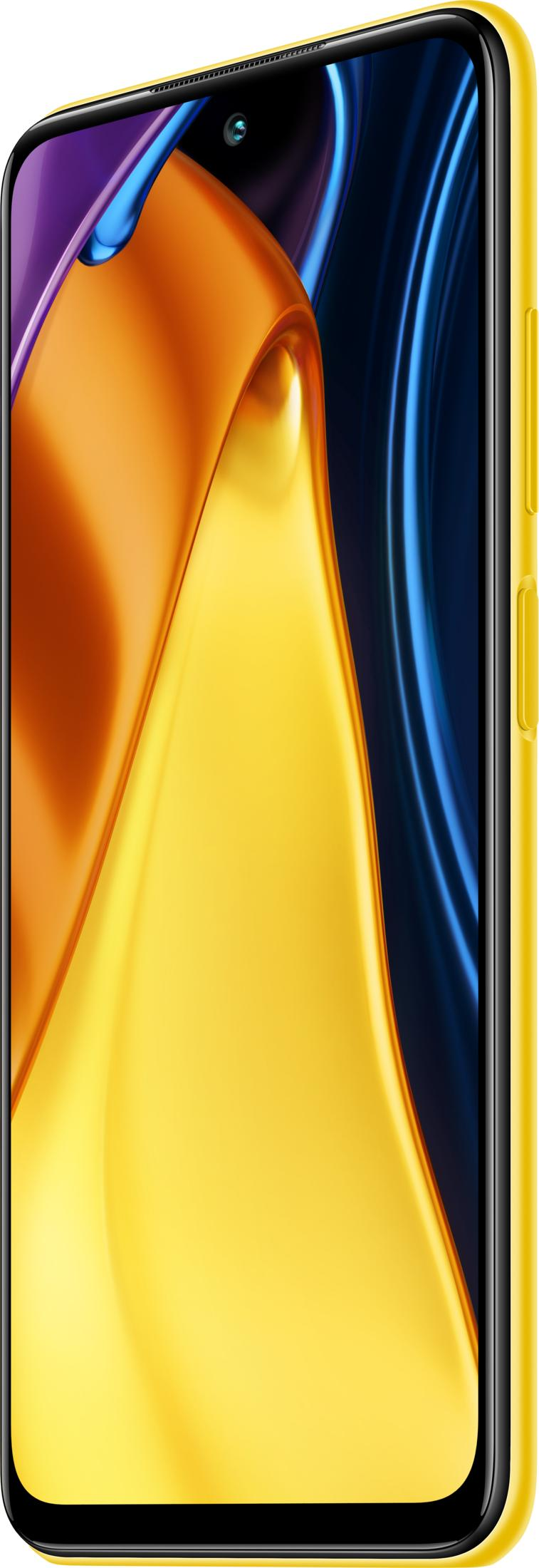 Uno smartphone giallo con uno sfondo astratto e colorato. Vista ravvicinata.